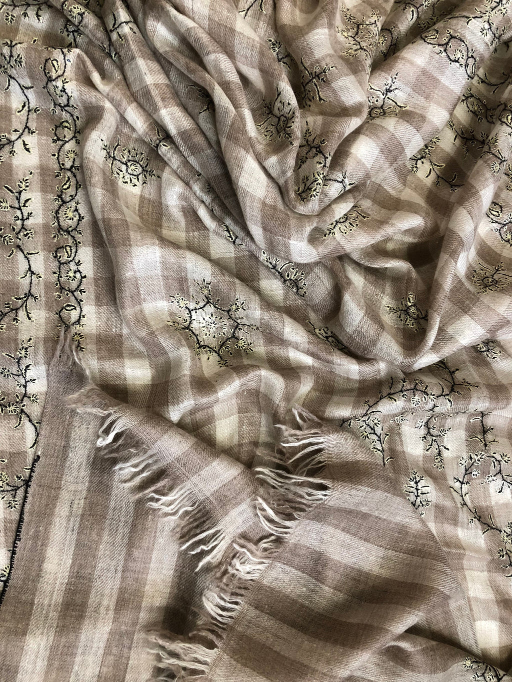New Year's Eve Natural grey checkered Modern Design Fine Embroidery Handcrafted Real Cashmere Pashmina Stole Scarf Shawl - Mehraj Crafts 