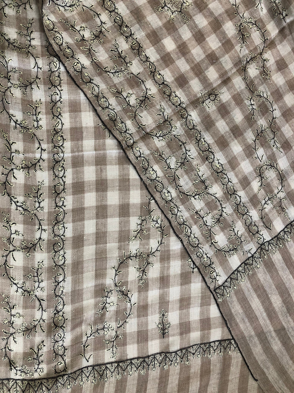 New Year's Eve Natural grey checkered Modern Design Fine Embroidery Handcrafted Real Cashmere Pashmina Stole Scarf Shawl - Mehraj Crafts 