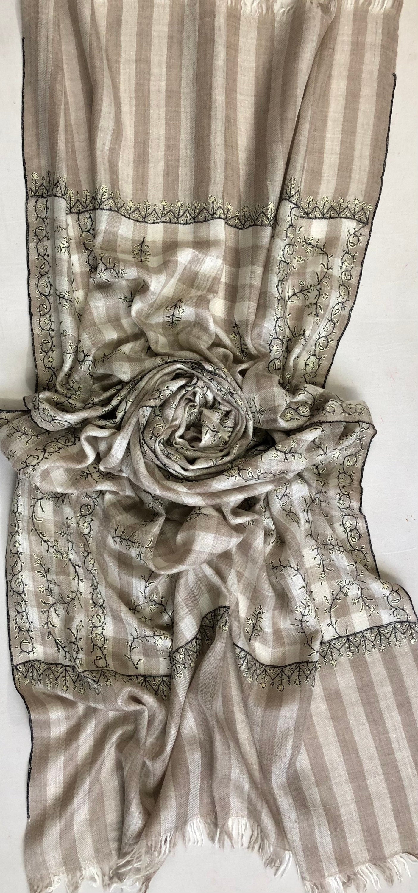 New Year's Eve Natural grey checkered Modern Design Fine Embroidery Handcrafted Real Cashmere Pashmina Stole Scarf Shawl - Mehraj Crafts 