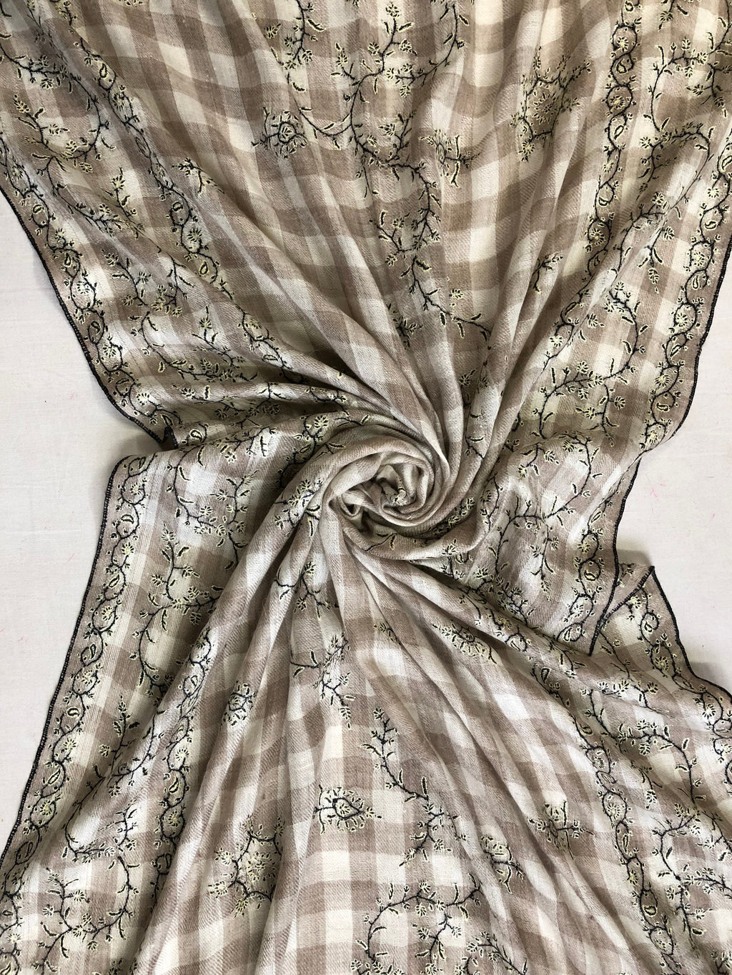 New Year's Eve Natural grey checkered Modern Design Fine Embroidery Handcrafted Real Cashmere Pashmina Stole Scarf Shawl - Mehraj Crafts 