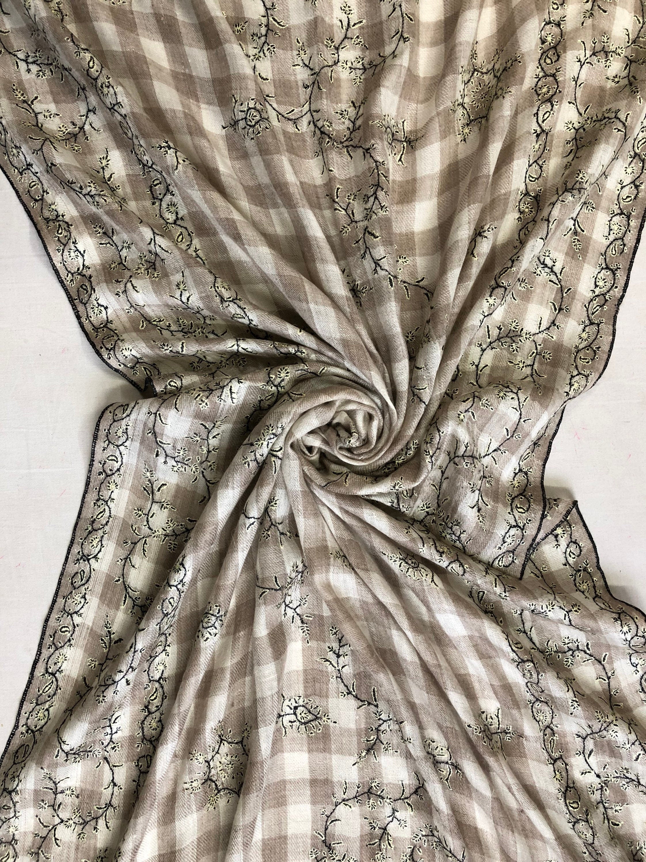 New Year's Eve Natural grey checkered Modern Design Fine Embroidery Handcrafted Real Cashmere Pashmina Stole Scarf Shawl - Mehraj Crafts 