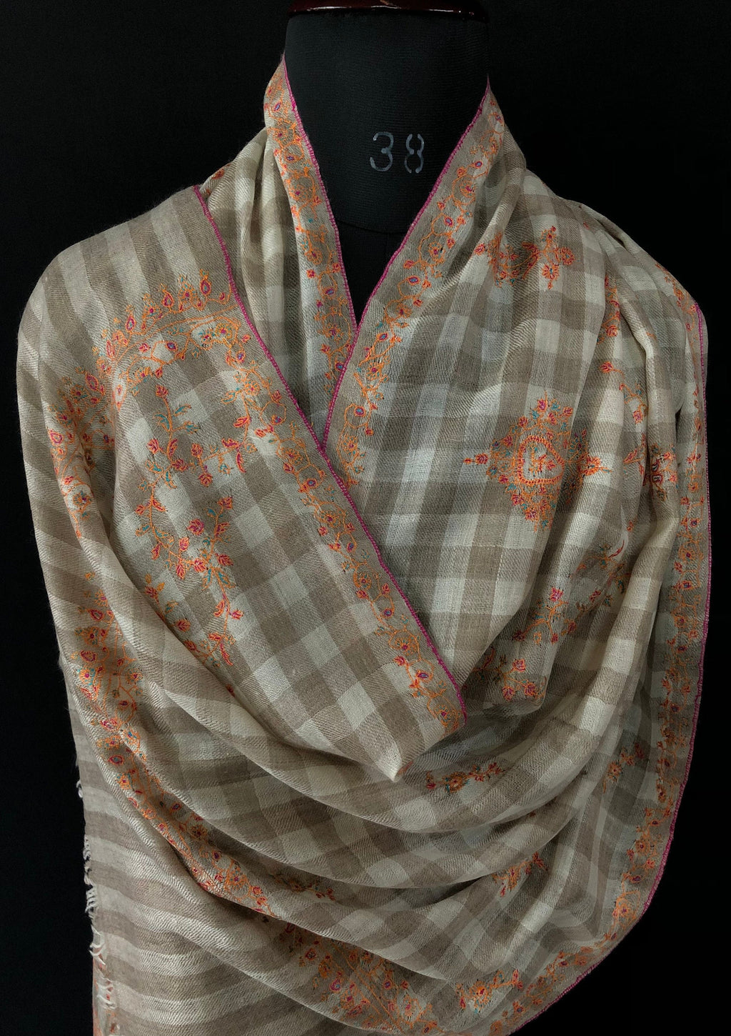 Handmade Real pashmina Natural un-dyed checkered modern design embroidered handcrafted real cashmere pashmina stole scarf shawl - Mehraj Crafts 