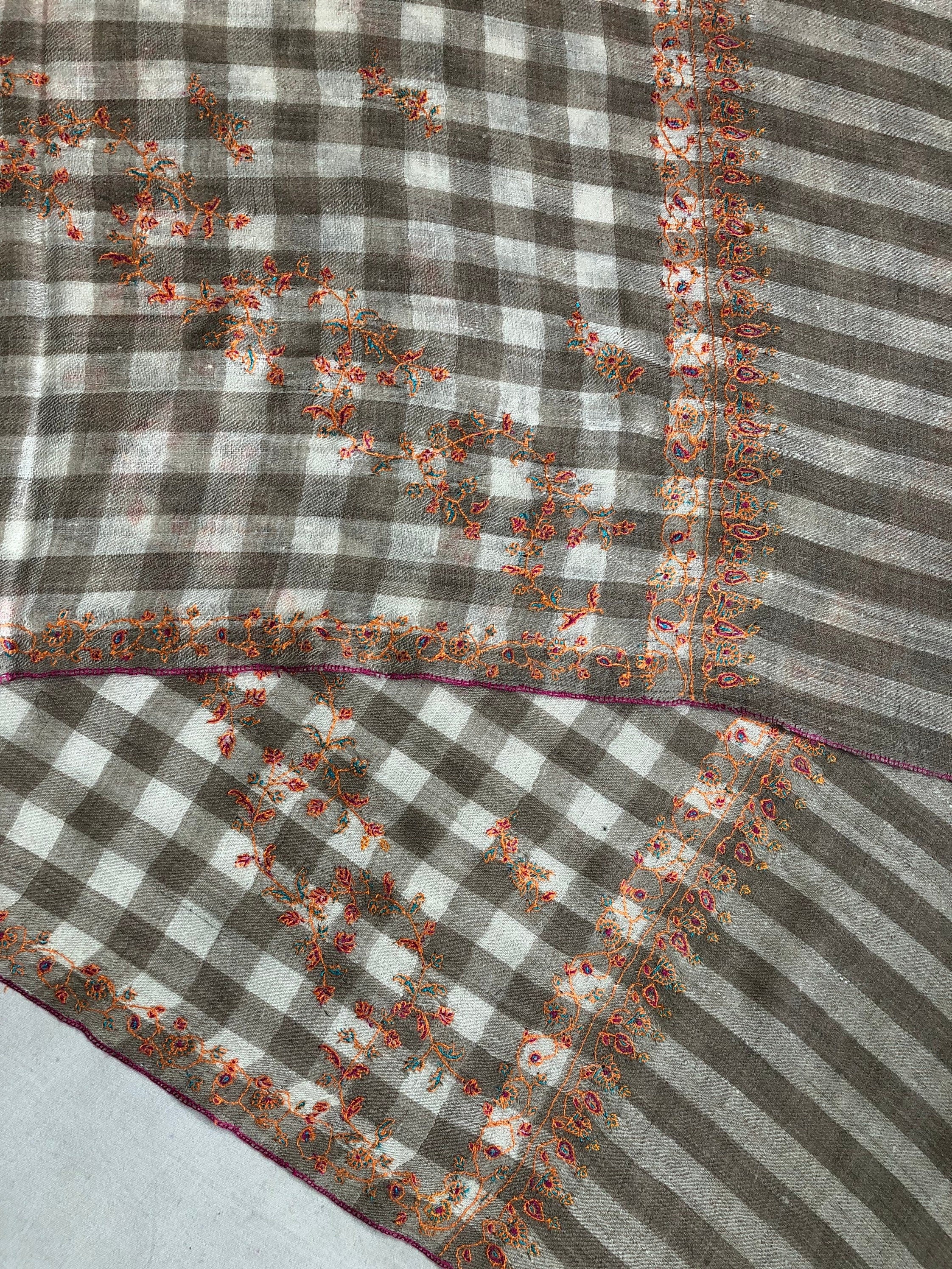 Handmade Real pashmina Natural un-dyed checkered modern design embroidered handcrafted real cashmere pashmina stole scarf shawl - Mehraj Crafts 