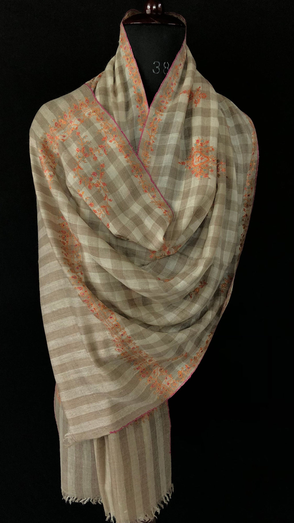 Handmade Real pashmina Natural un-dyed checkered modern design embroidered handcrafted real cashmere pashmina stole scarf shawl - Mehraj Crafts 