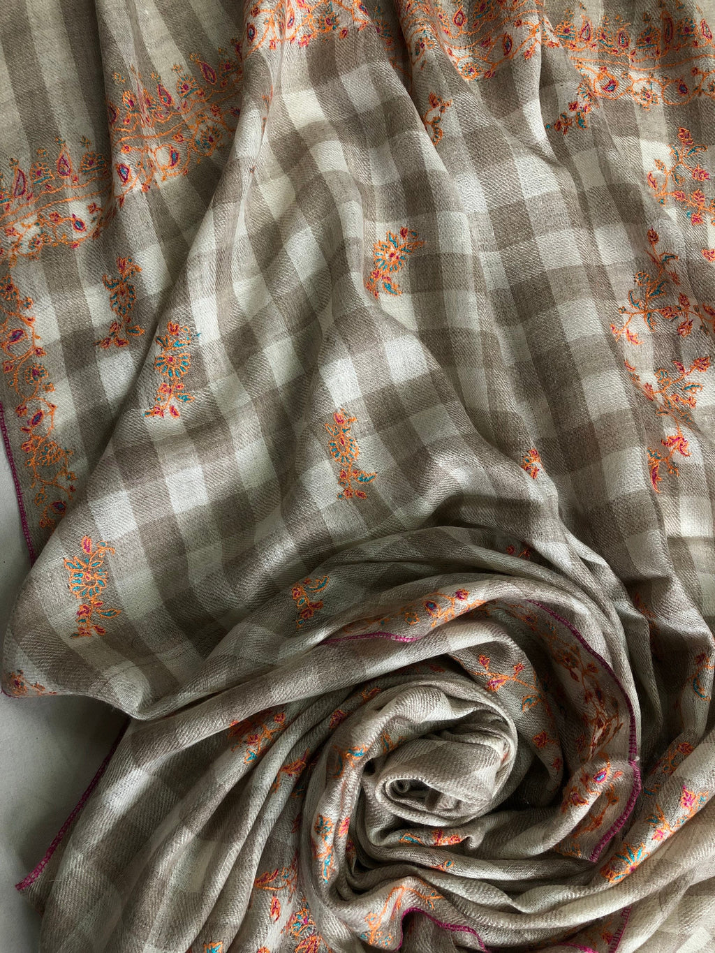 Handmade Real pashmina Natural un-dyed checkered modern design embroidered handcrafted real cashmere pashmina stole scarf shawl - Mehraj Crafts 