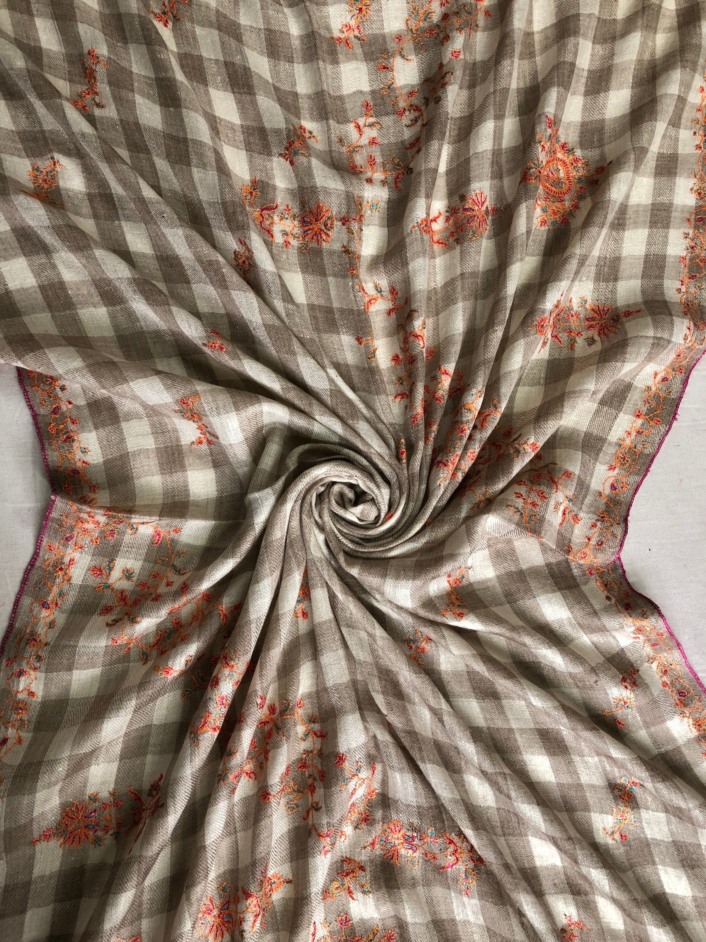 Handmade Real pashmina Natural un-dyed checkered modern design embroidered handcrafted real cashmere pashmina stole scarf shawl - Mehraj Crafts 