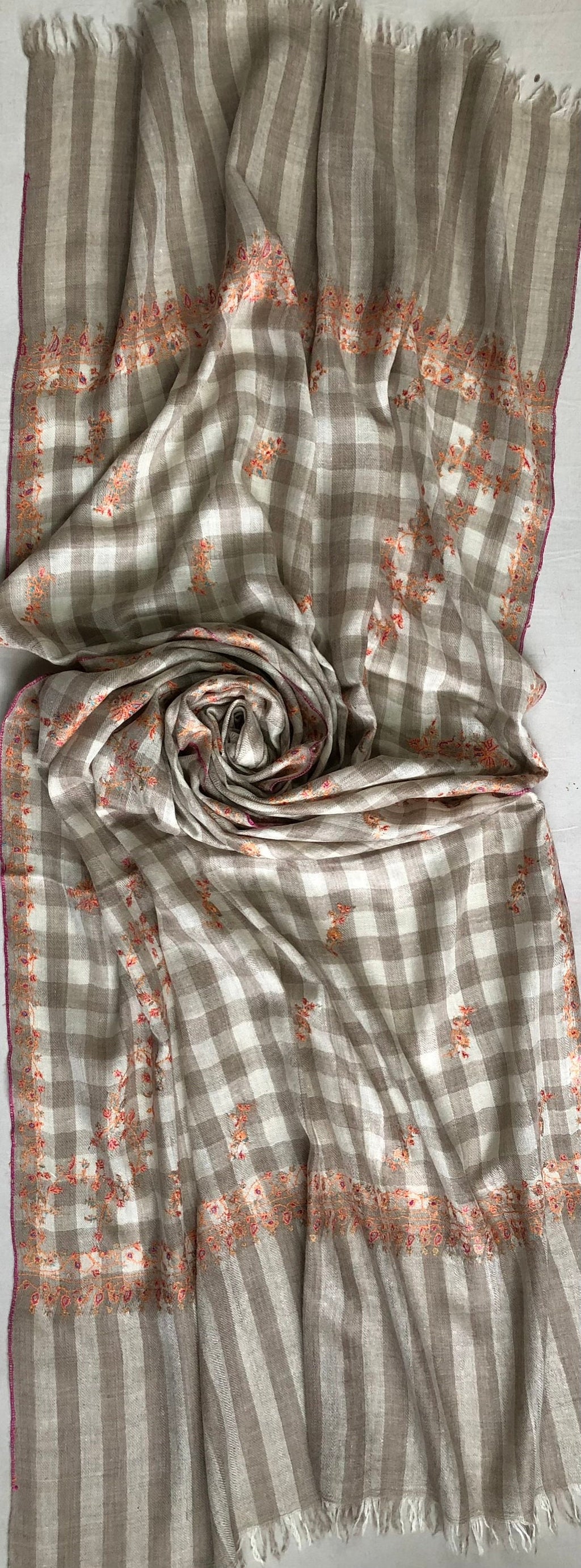 Handmade Real pashmina Natural un-dyed checkered modern design embroidered handcrafted real cashmere pashmina stole scarf shawl - Mehraj Crafts 