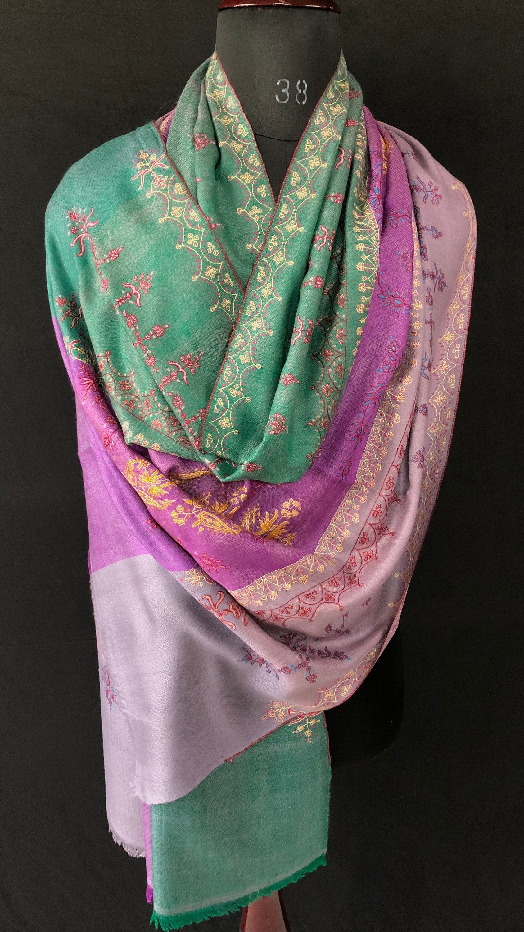 Handmade Real pashmina Bellflower large stripes modern design embroidered handcrafted real cashmere pashmina stole scarf shawl - Mehraj Crafts 