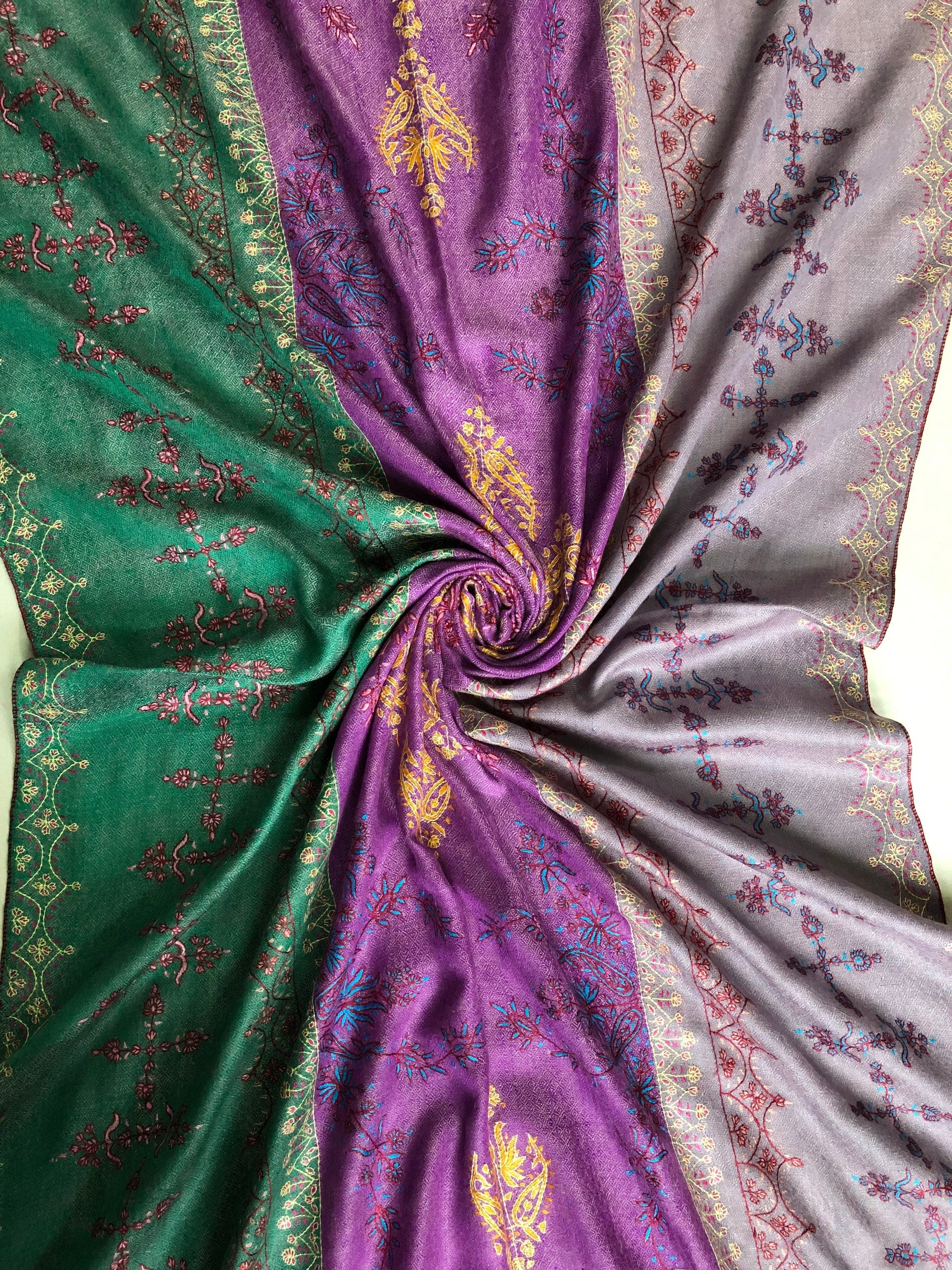 Handmade Real pashmina Bellflower large stripes modern design embroidered handcrafted real cashmere pashmina stole scarf shawl - Mehraj Crafts 