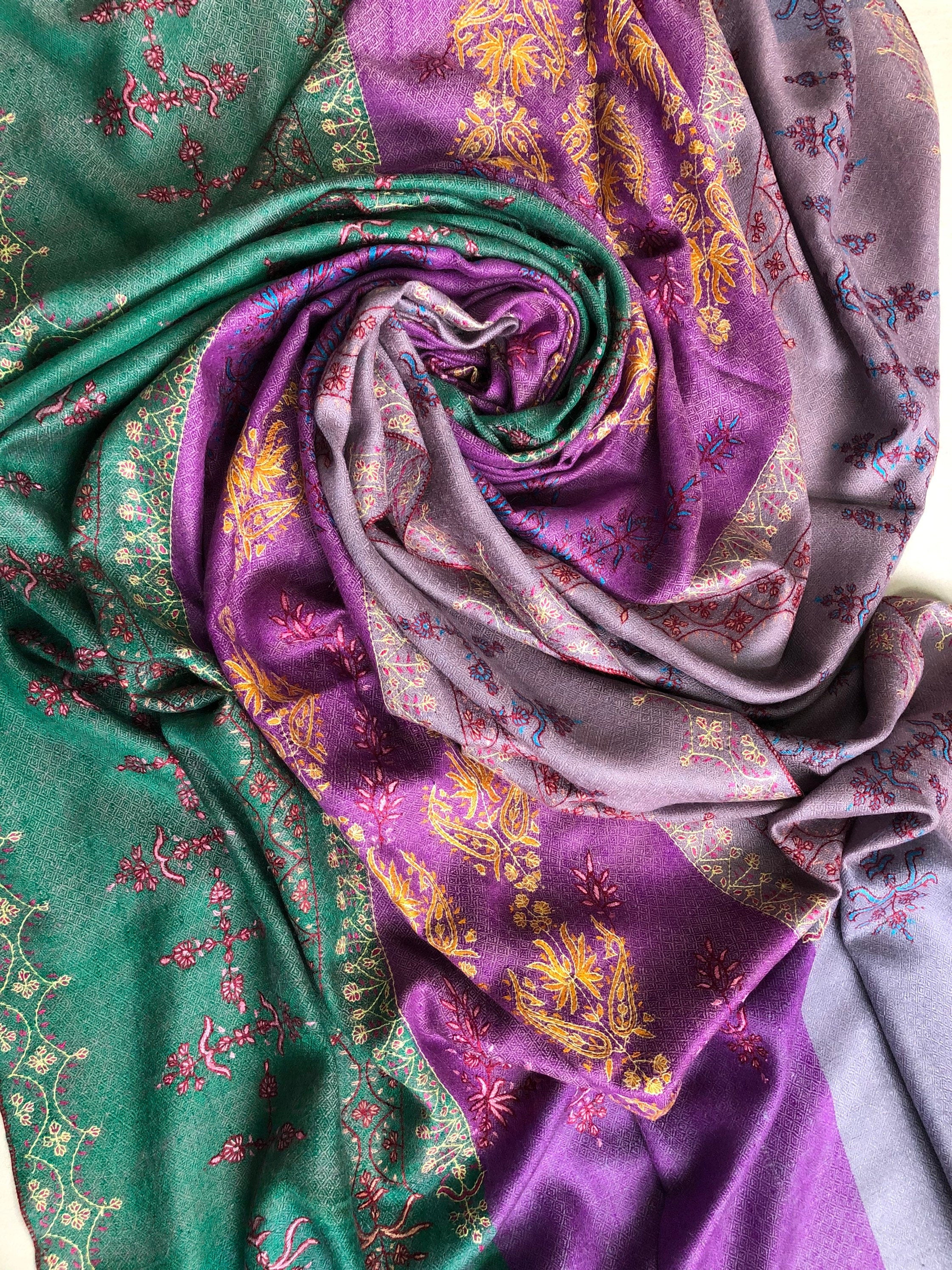 Handmade Real pashmina Bellflower large stripes modern design embroidered handcrafted real cashmere pashmina stole scarf shawl - Mehraj Crafts 