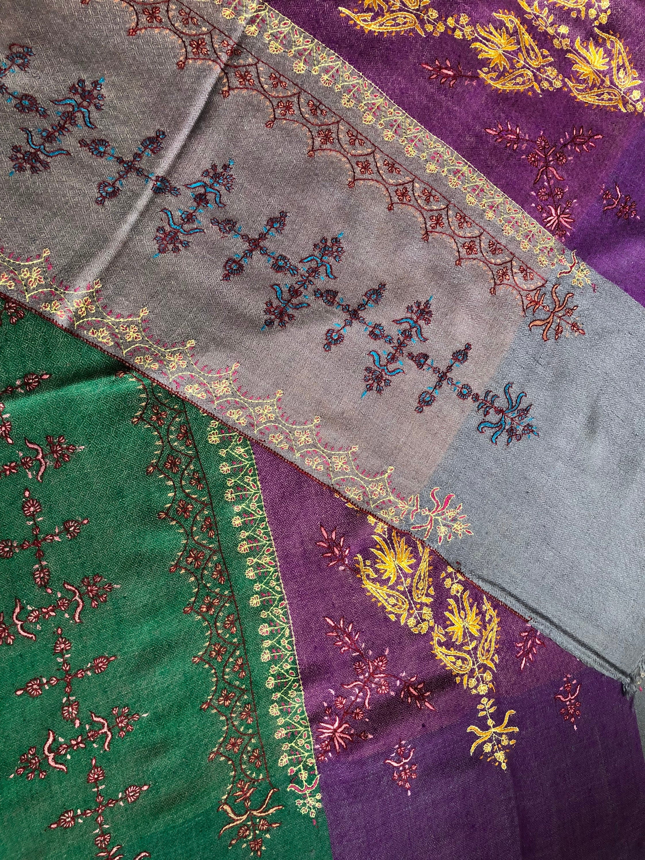 Handmade Real pashmina Bellflower large stripes modern design embroidered handcrafted real cashmere pashmina stole scarf shawl - Mehraj Crafts 