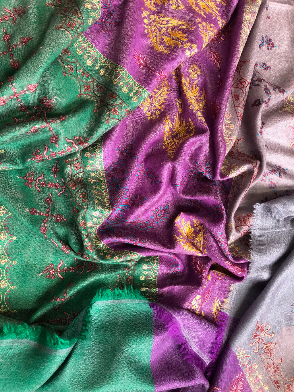 Handmade Real pashmina Bellflower large stripes modern design embroidered handcrafted real cashmere pashmina stole scarf shawl - Mehraj Crafts 