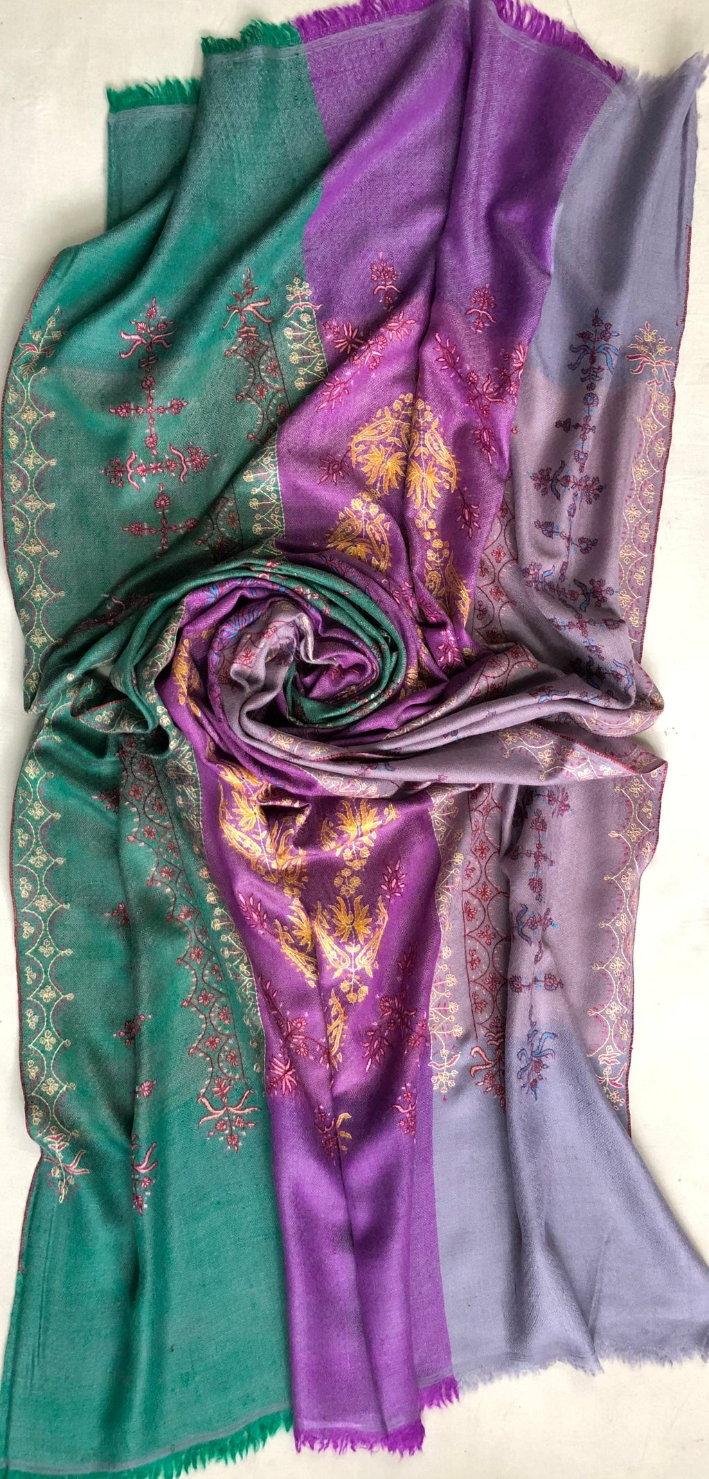 Handmade Real pashmina Bellflower large stripes modern design embroidered handcrafted real cashmere pashmina stole scarf shawl - Mehraj Crafts 