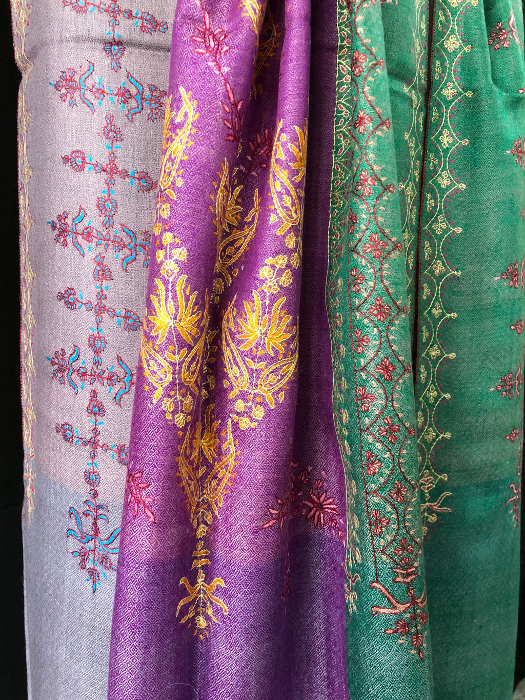 Handmade Real pashmina Bellflower large stripes modern design embroidered handcrafted real cashmere pashmina stole scarf shawl - Mehraj Crafts 