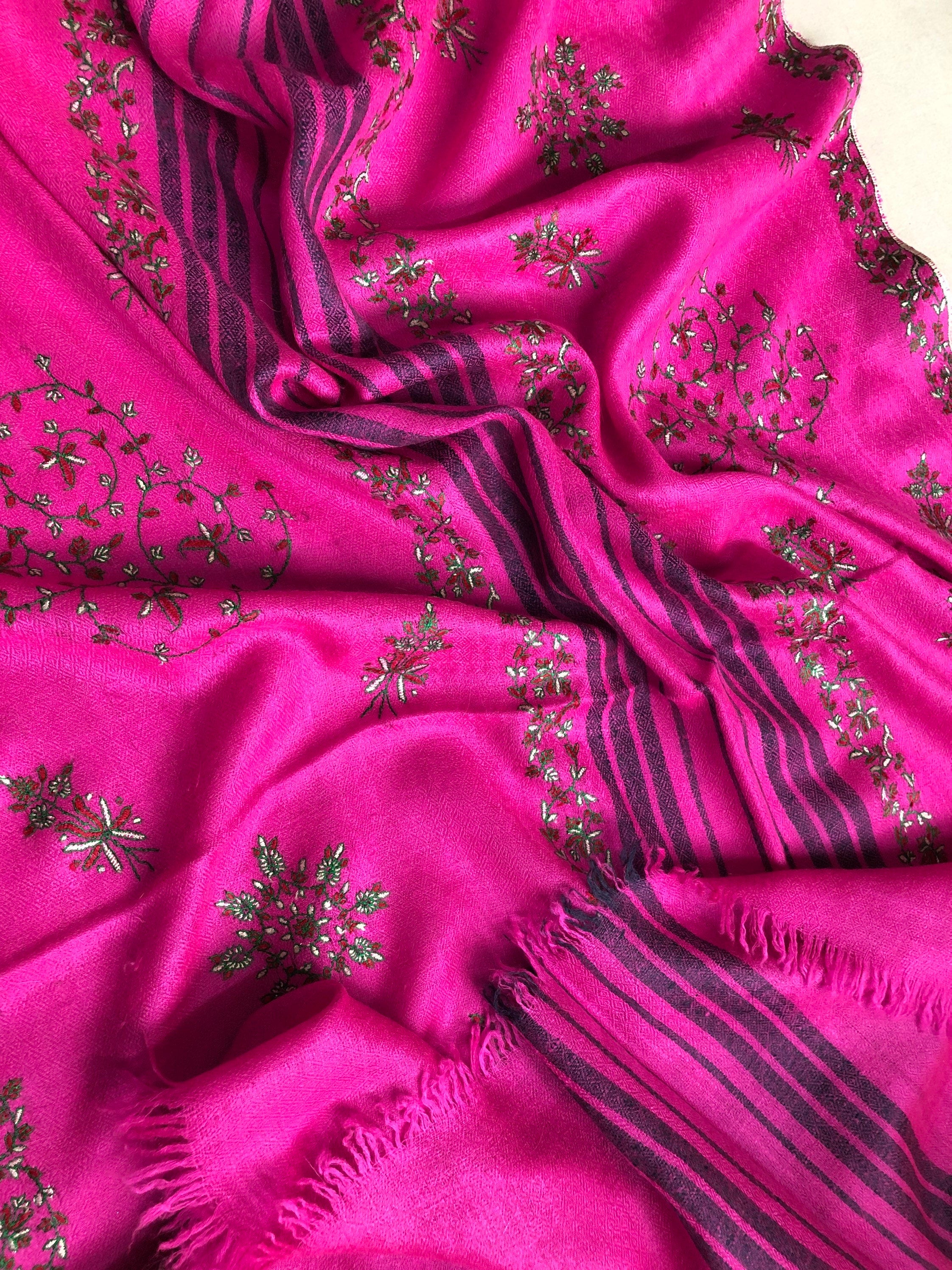pashmina shawl for women Hot pink modern design super micro fine hand embroidered real cashmere pashmina stole scarf shawl - Mehraj Crafts 