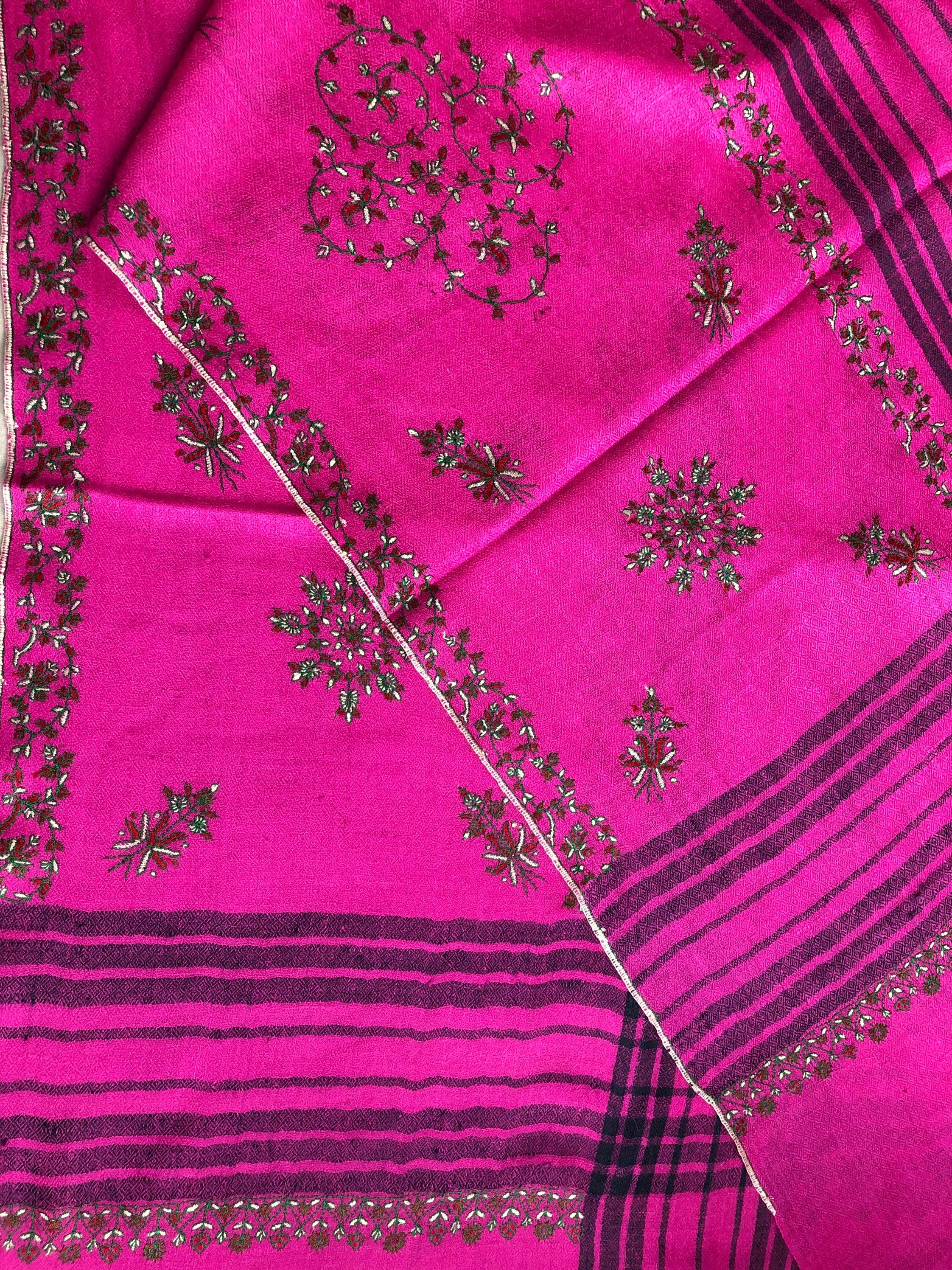 pashmina shawl for women Hot pink modern design super micro fine hand embroidered real cashmere pashmina stole scarf shawl - Mehraj Crafts 