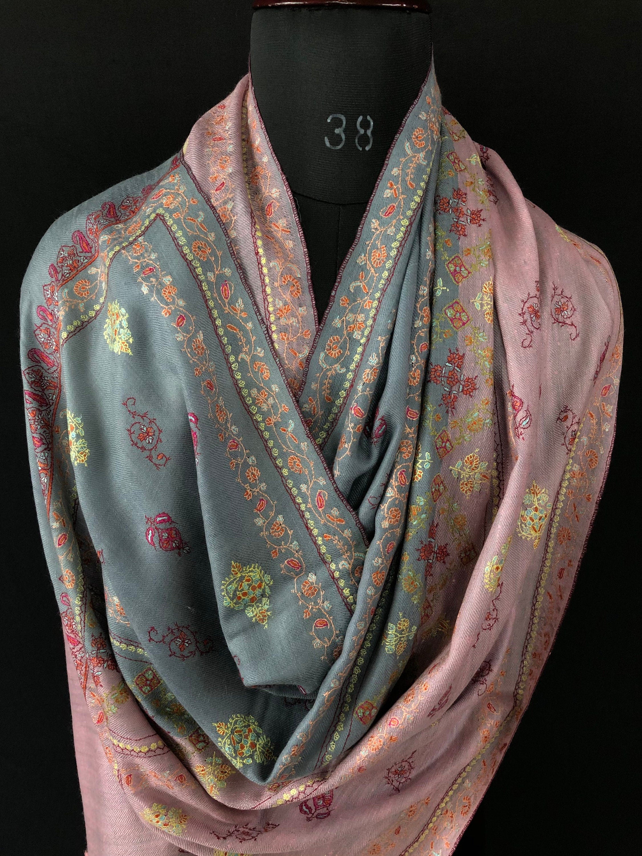 teacher gift Coral blush modern design super fine embroidered handcrafted real cashmere pashmina stole scarf shawl - Mehraj Crafts 