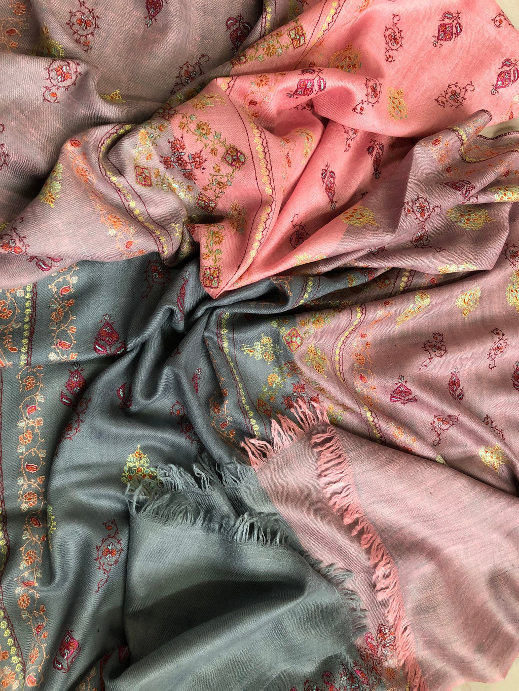 teacher gift Coral blush modern design super fine embroidered handcrafted real cashmere pashmina stole scarf shawl - Mehraj Crafts 