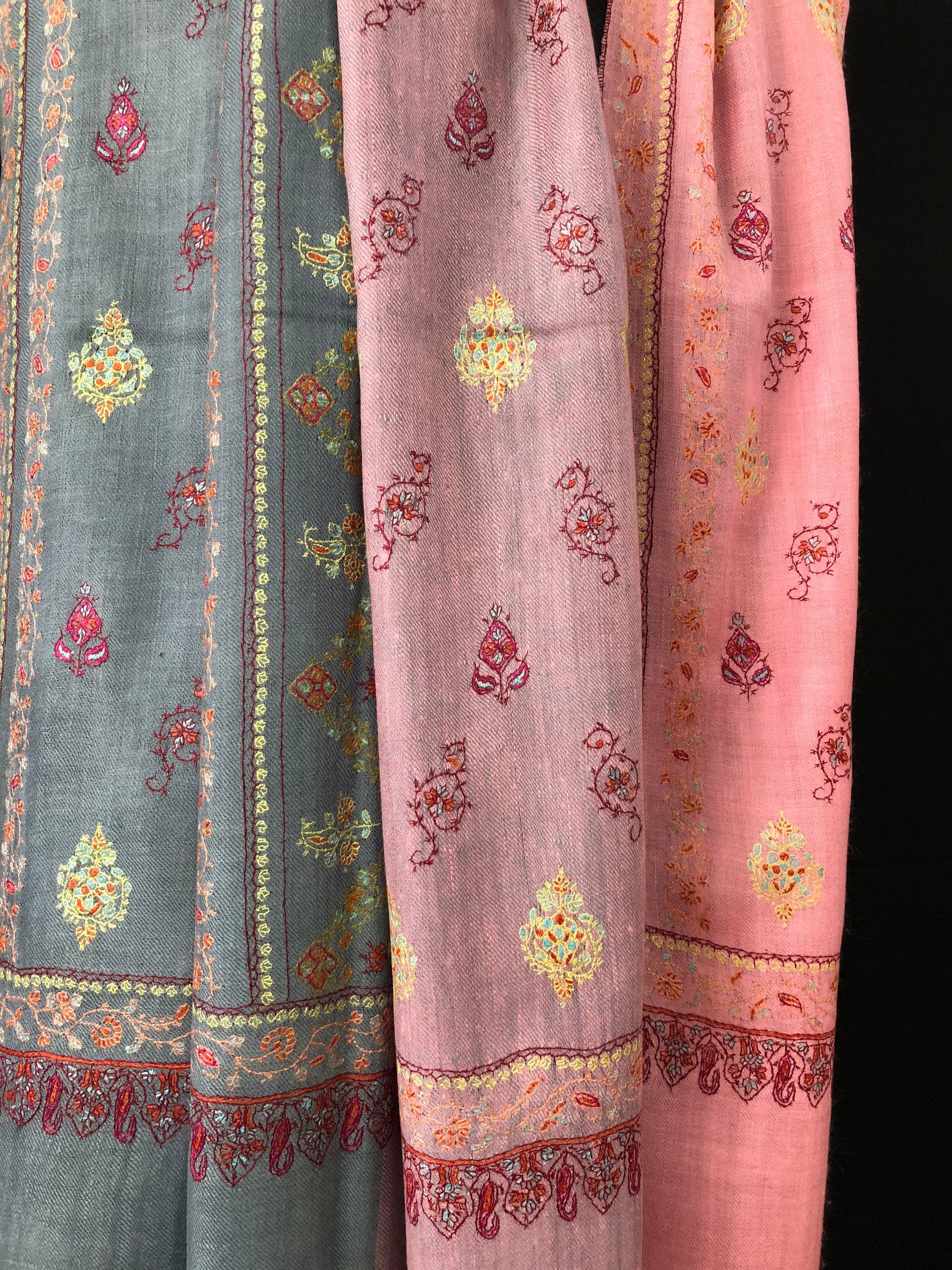 teacher gift Coral blush modern design super fine embroidered handcrafted real cashmere pashmina stole scarf shawl - Mehraj Crafts 