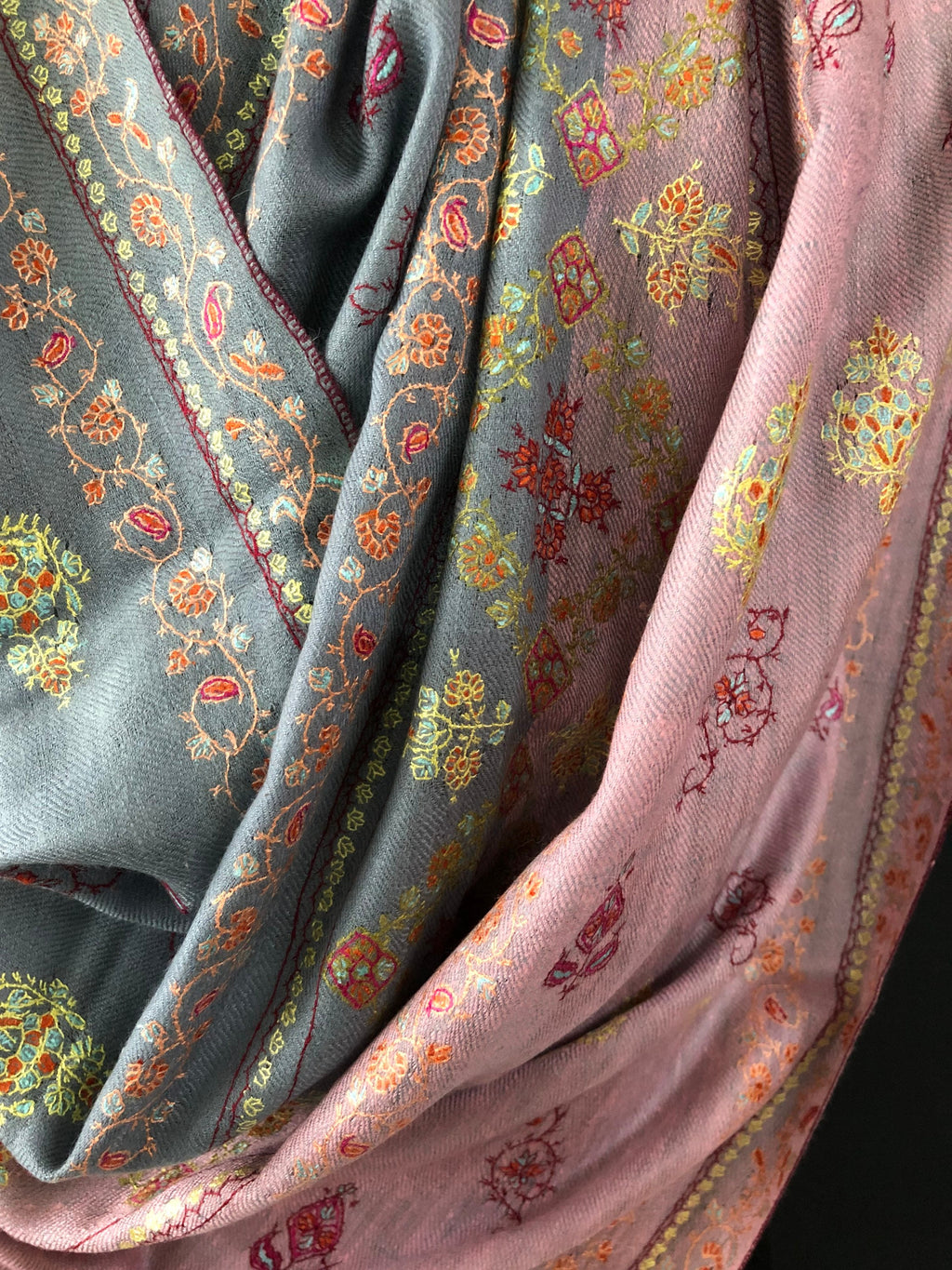 teacher gift Coral blush modern design super fine embroidered handcrafted real cashmere pashmina stole scarf shawl - Mehraj Crafts 