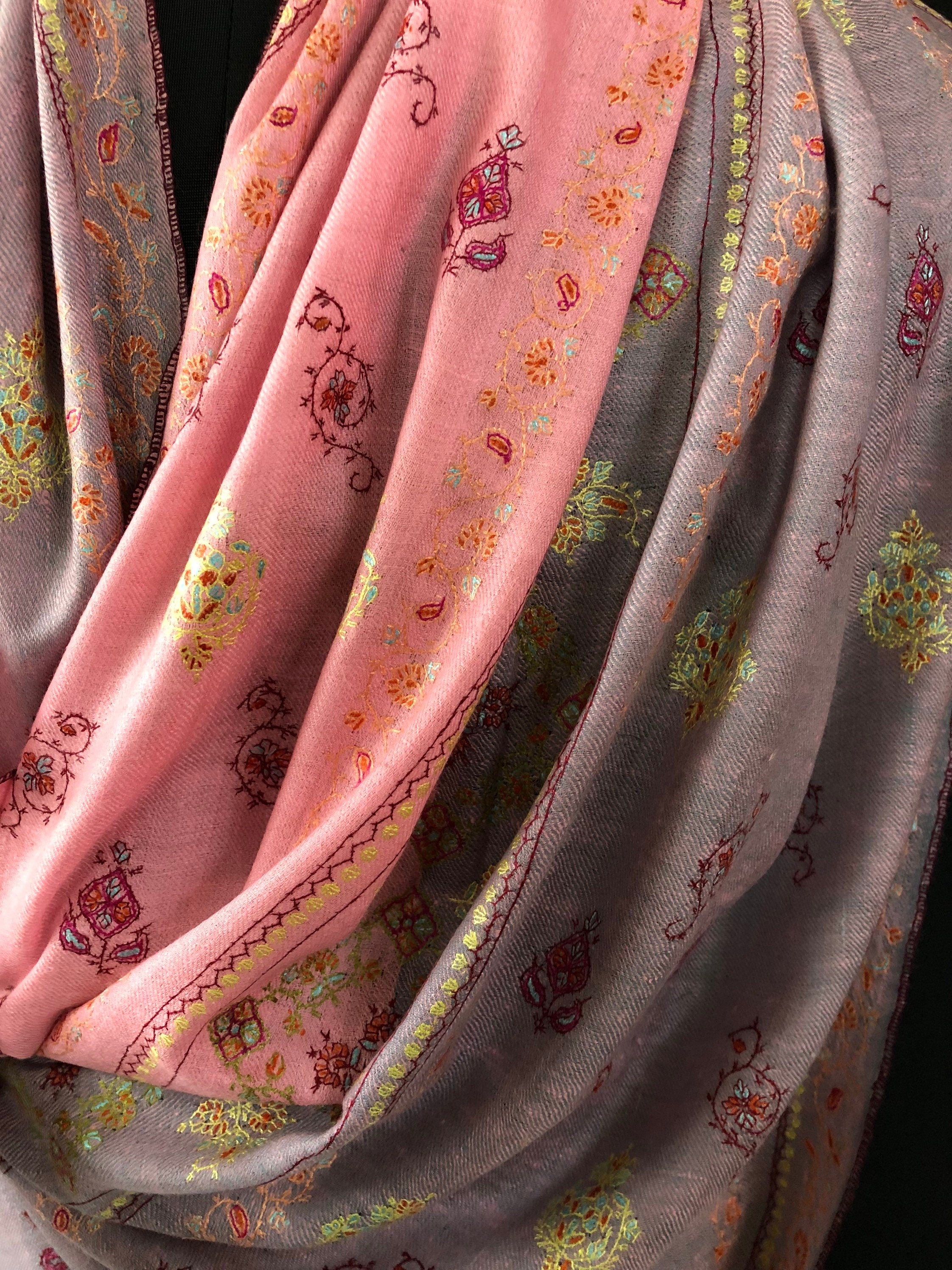 teacher gift Coral blush modern design super fine embroidered handcrafted real cashmere pashmina stole scarf shawl - Mehraj Crafts 