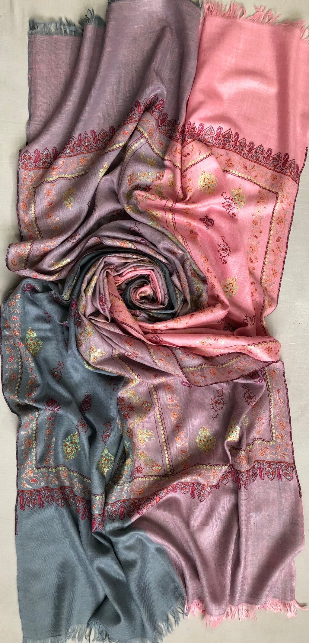 teacher gift Coral blush modern design super fine embroidered handcrafted real cashmere pashmina stole scarf shawl - Mehraj Crafts 