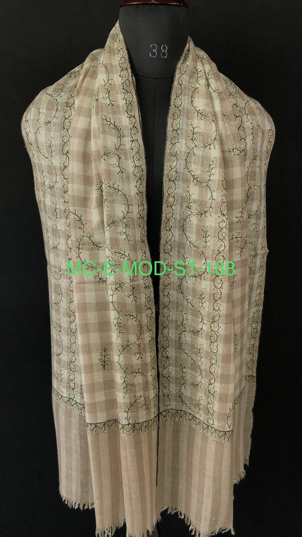 New Year's Eve Natural grey checkered Modern Design Fine Embroidery Handcrafted Real Cashmere Pashmina Stole Scarf Shawl - Mehraj Crafts 