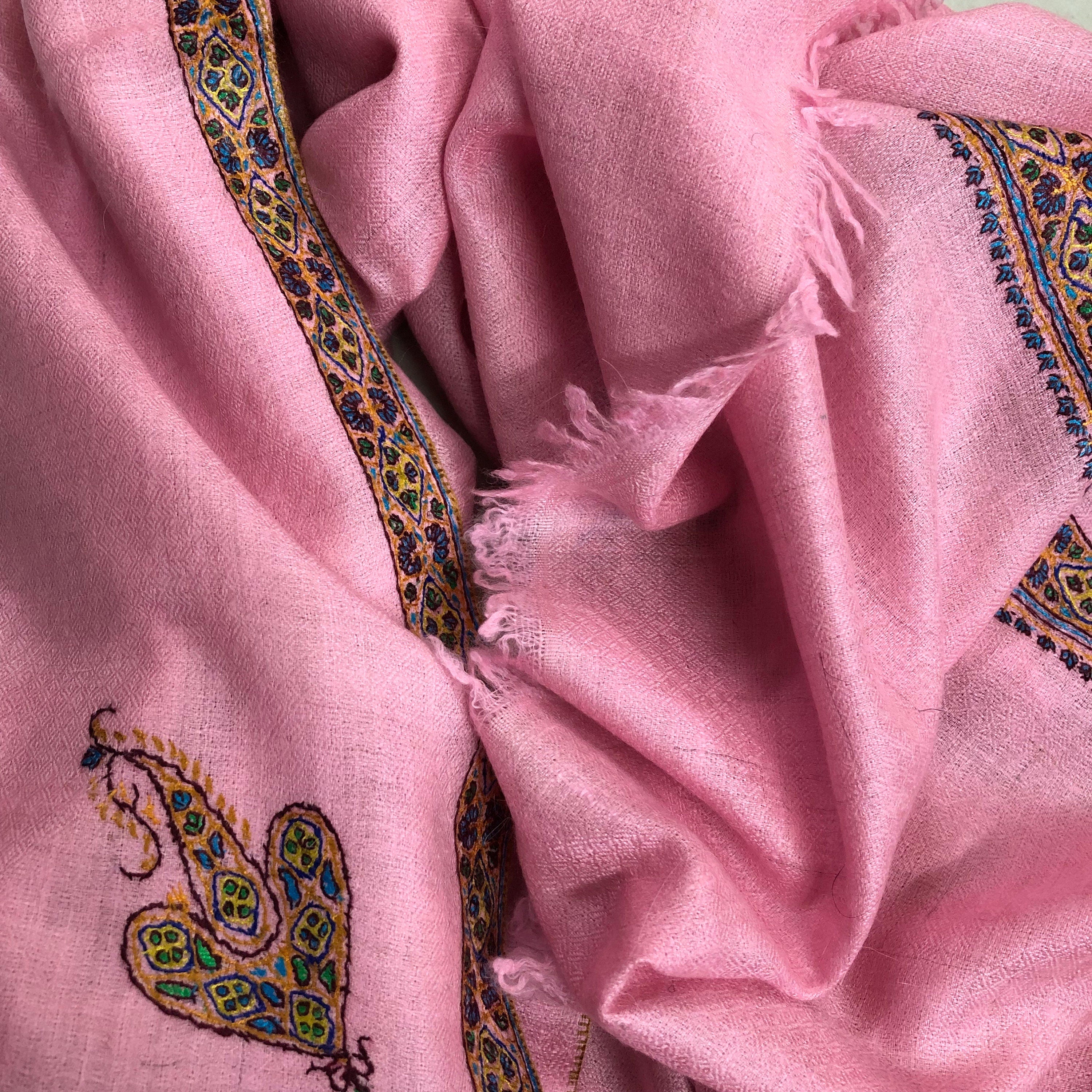 Gift for her Candy pink Pashmina Cashmere Embroidered Border Ladakhi Handmade Real Cashmere Pashmina Stole Scarf Shawl - Mehraj Crafts 