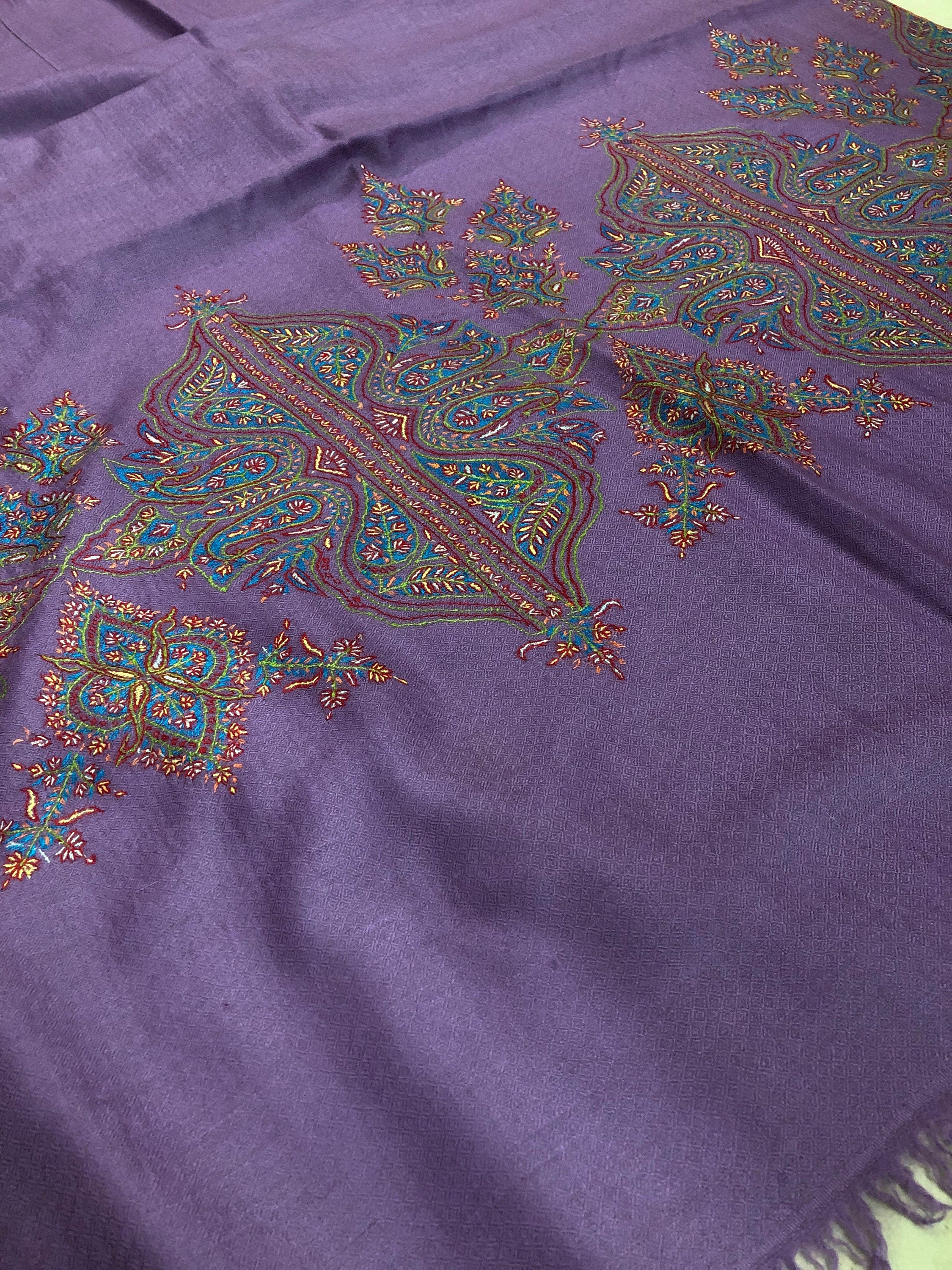 Chinese violet gorgeous Handmade Real Cashmere Pashmina embroidered palla Stole - Mehraj Crafts 