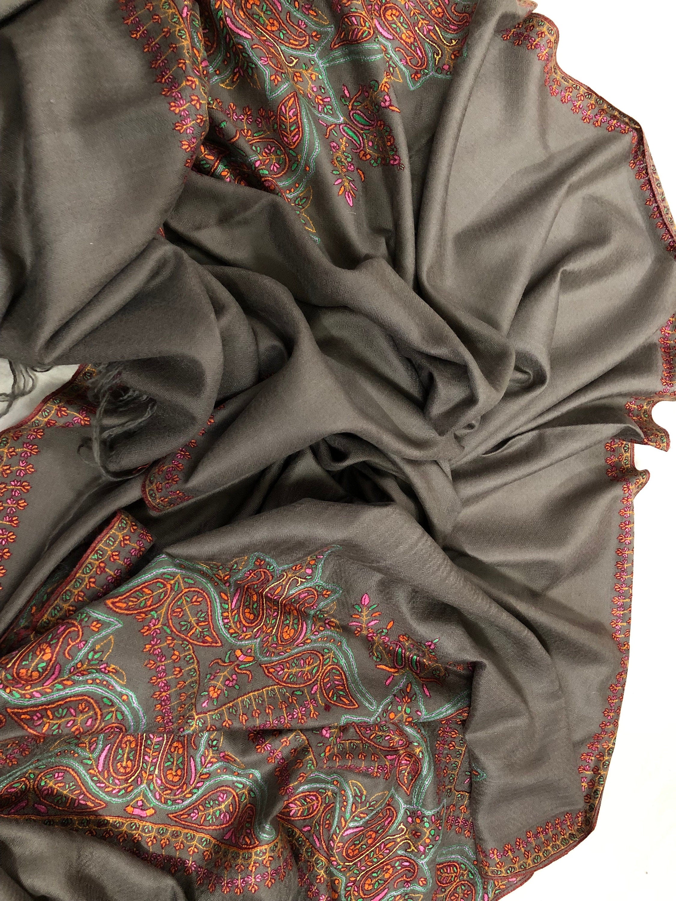 Driftwood grey elegant superfine Handmade Real Cashmere Pashmina embroidered palla Stole - Mehraj Crafts 