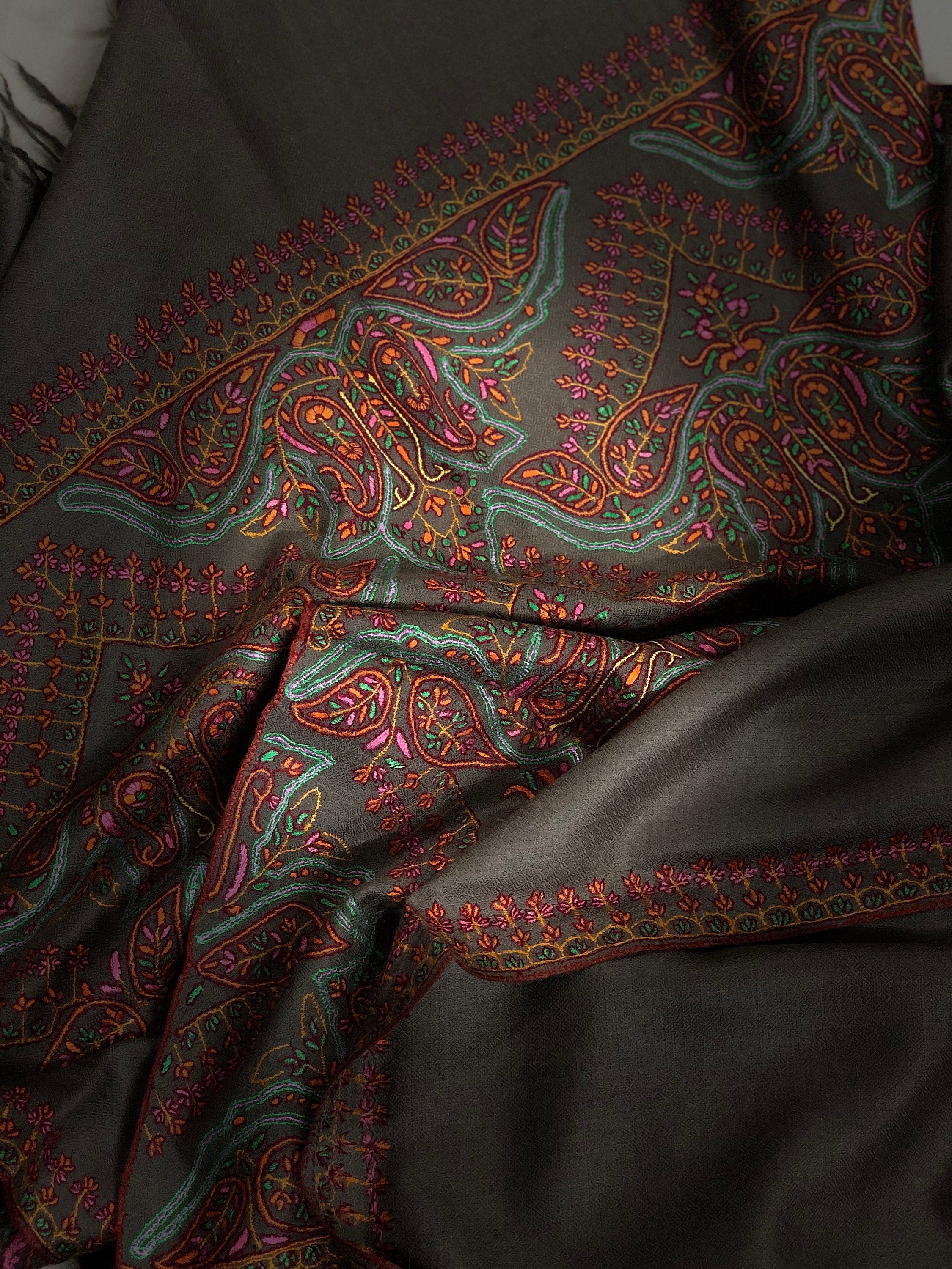 Driftwood grey elegant superfine Handmade Real Cashmere Pashmina embroidered palla Stole - Mehraj Crafts 