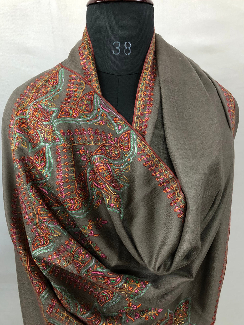 Driftwood grey elegant superfine Handmade Real Cashmere Pashmina embroidered palla Stole - Mehraj Crafts 