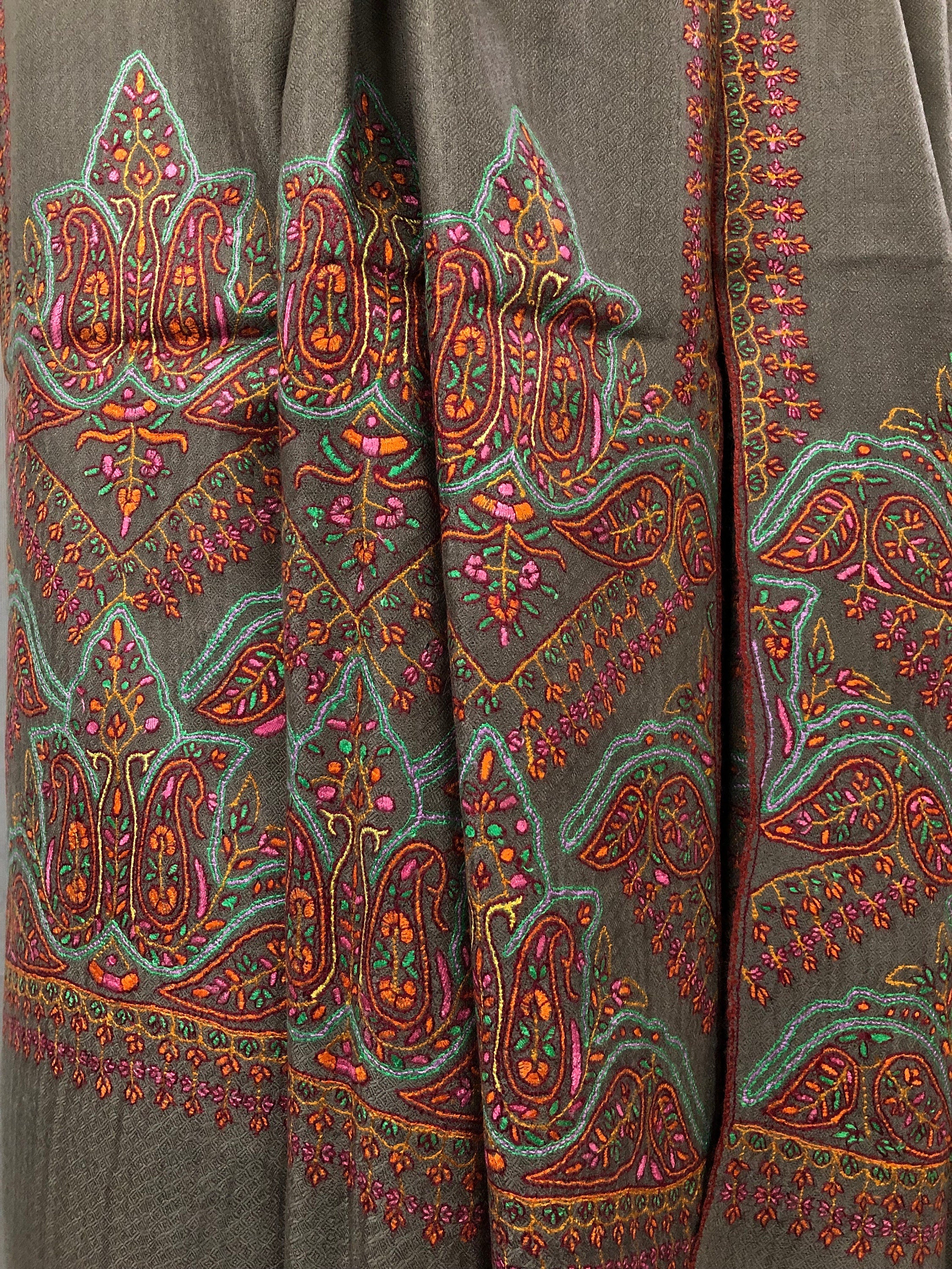 Driftwood grey elegant superfine Handmade Real Cashmere Pashmina embroidered palla Stole - Mehraj Crafts 