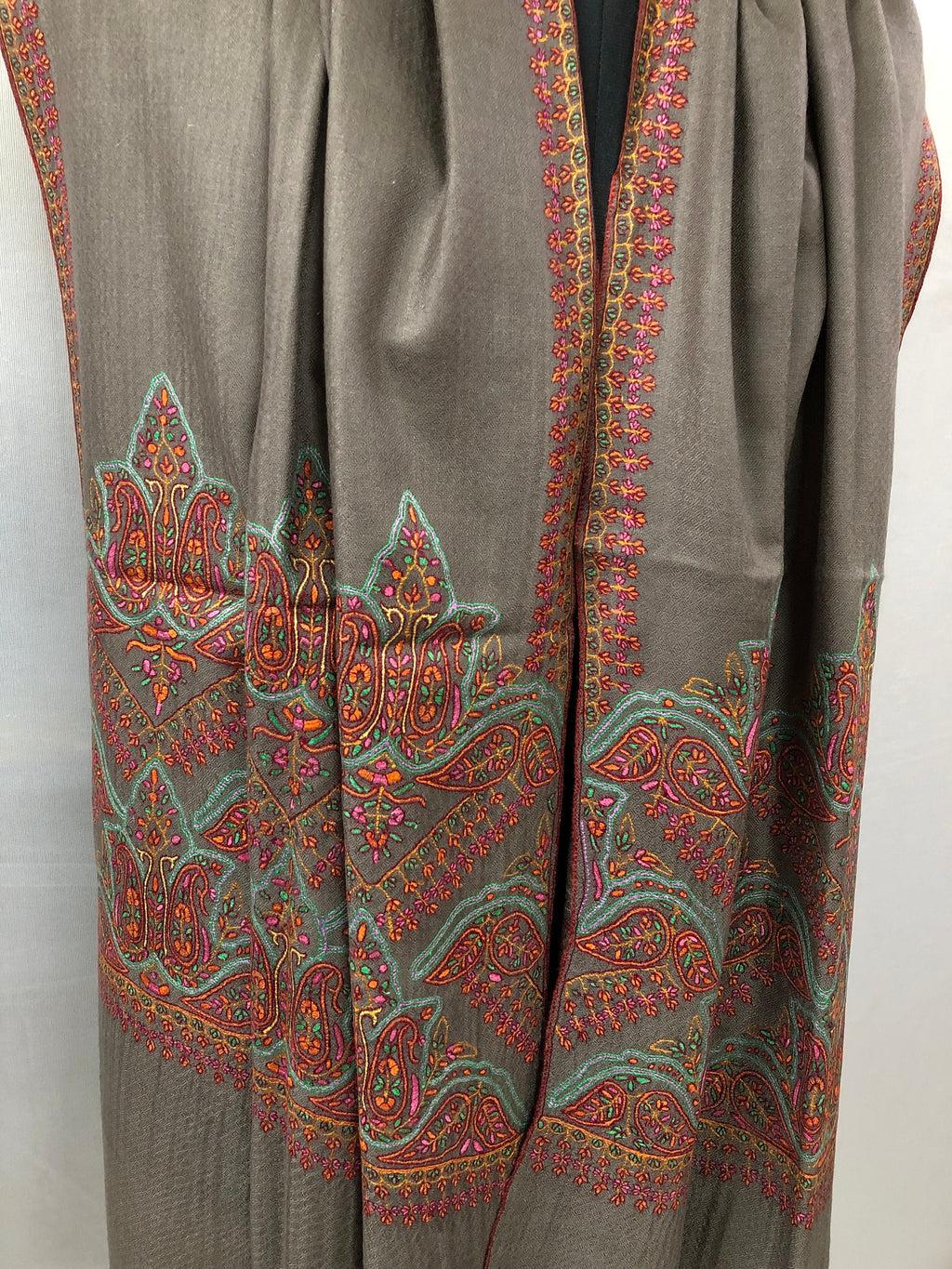 Driftwood grey elegant superfine Handmade Real Cashmere Pashmina embroidered palla Stole - Mehraj Crafts 