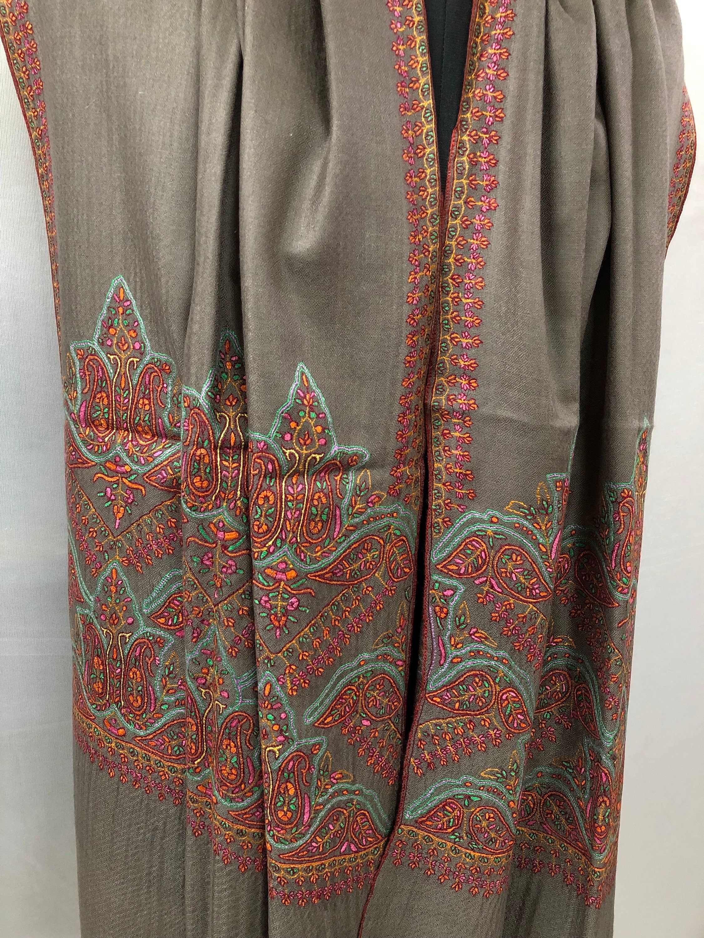 Driftwood grey elegant superfine Handmade Real Cashmere Pashmina embroidered palla Stole - Mehraj Crafts 