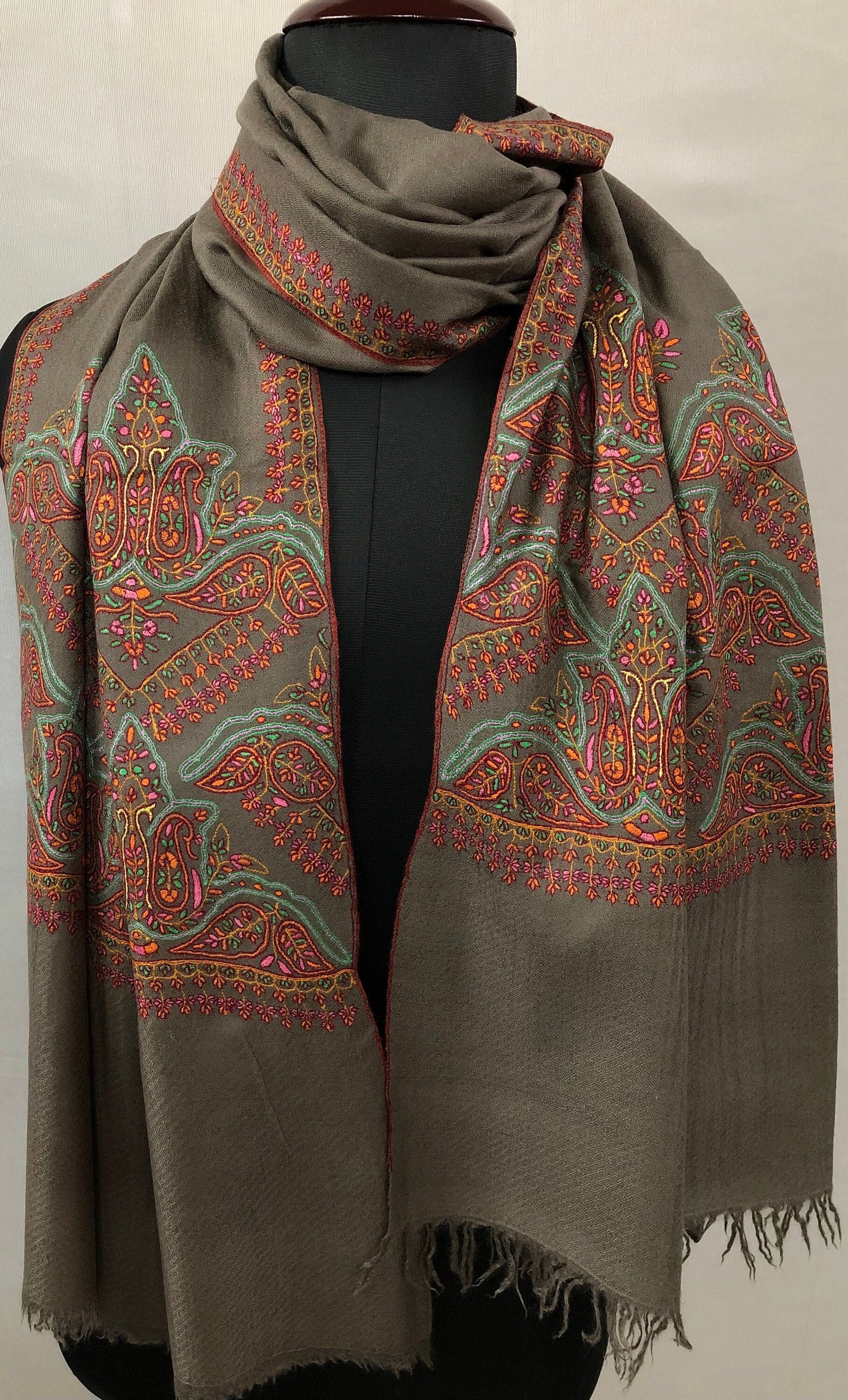 Driftwood grey elegant superfine Handmade Real Cashmere Pashmina embroidered palla Stole - Mehraj Crafts 