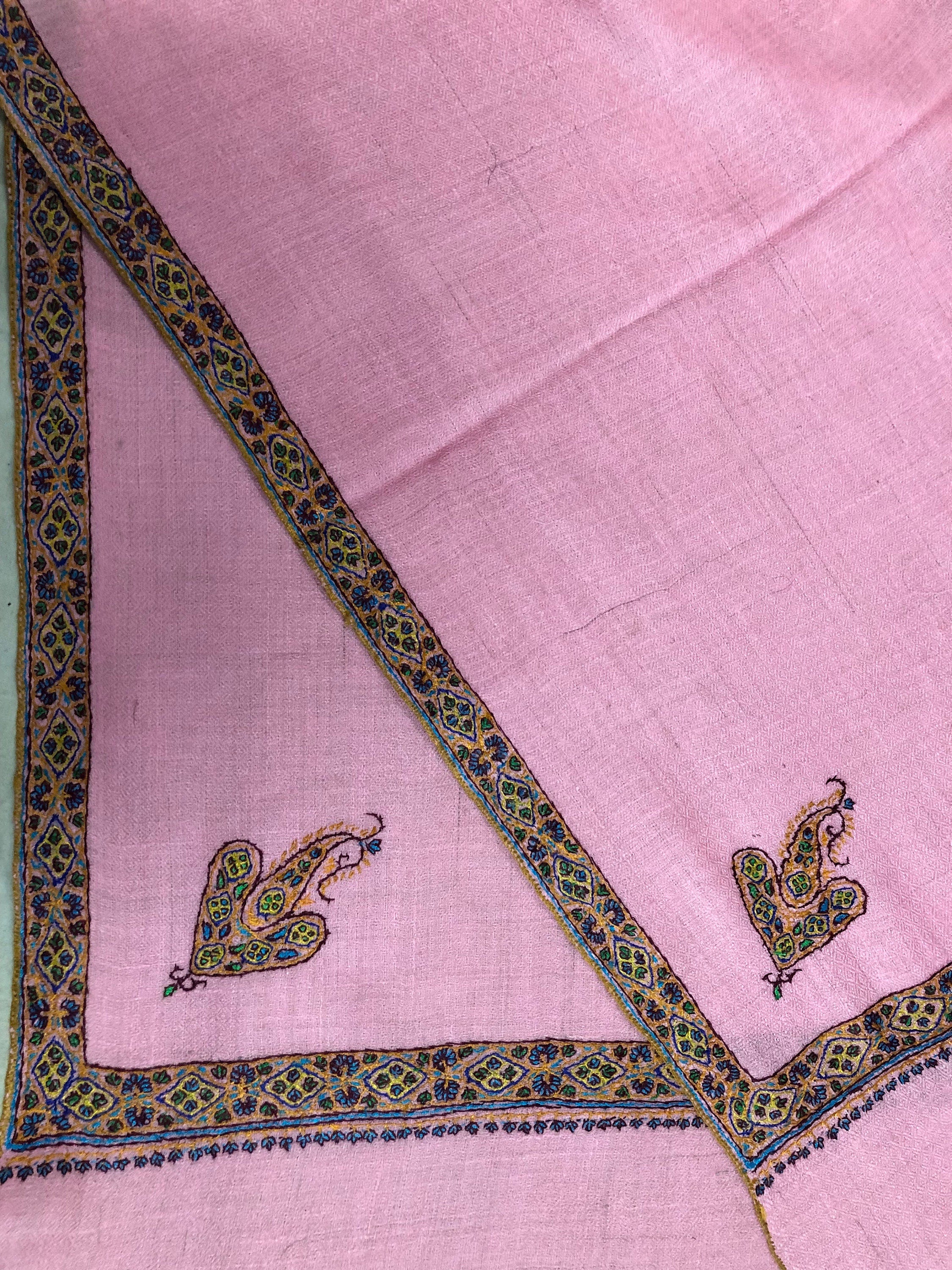 Gift for her Candy pink Pashmina Cashmere Embroidered Border Ladakhi Handmade Real Cashmere Pashmina Stole Scarf Shawl - Mehraj Crafts 