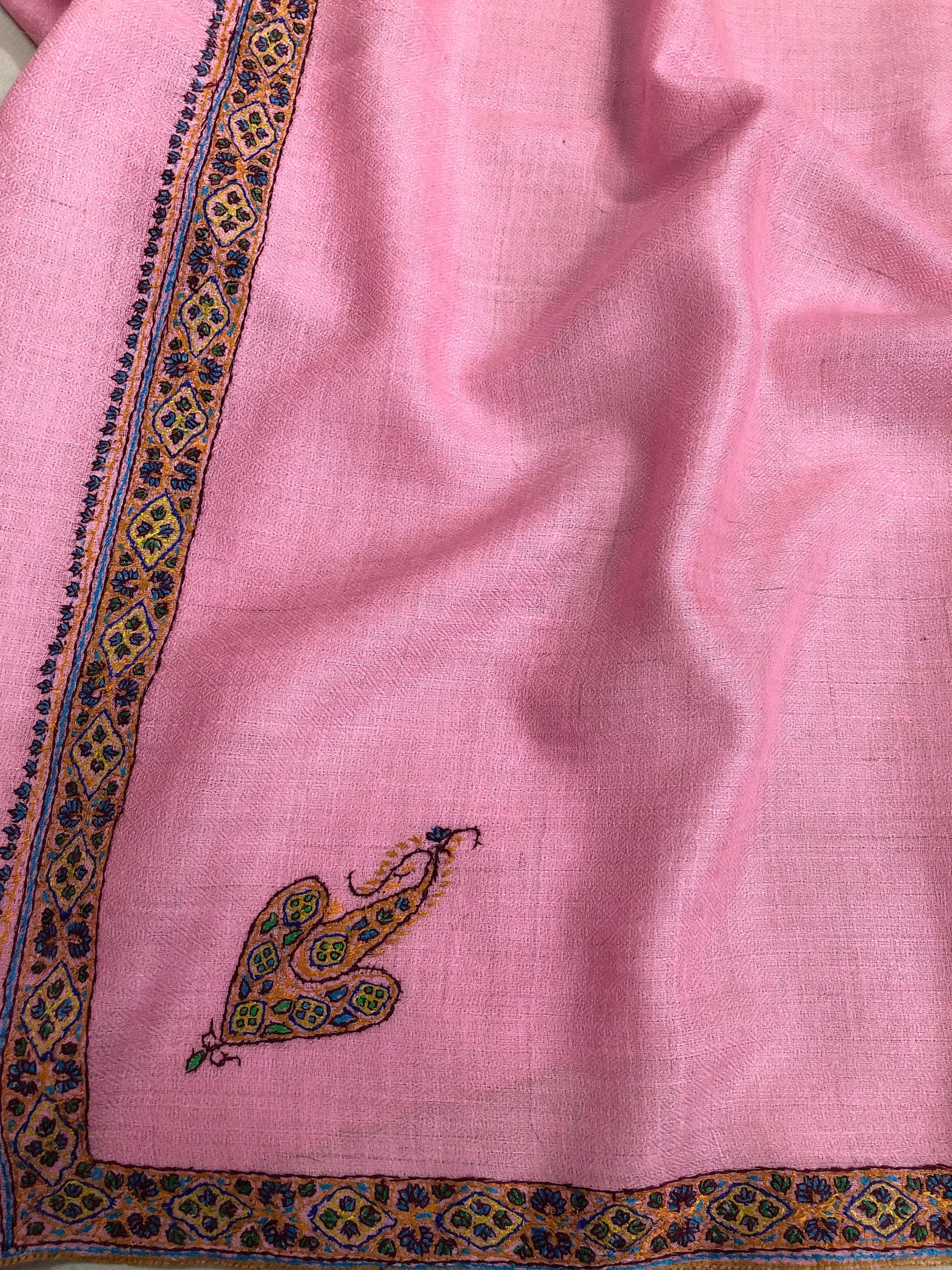Gift for her Candy pink Pashmina Cashmere Embroidered Border Ladakhi Handmade Real Cashmere Pashmina Stole Scarf Shawl - Mehraj Crafts 
