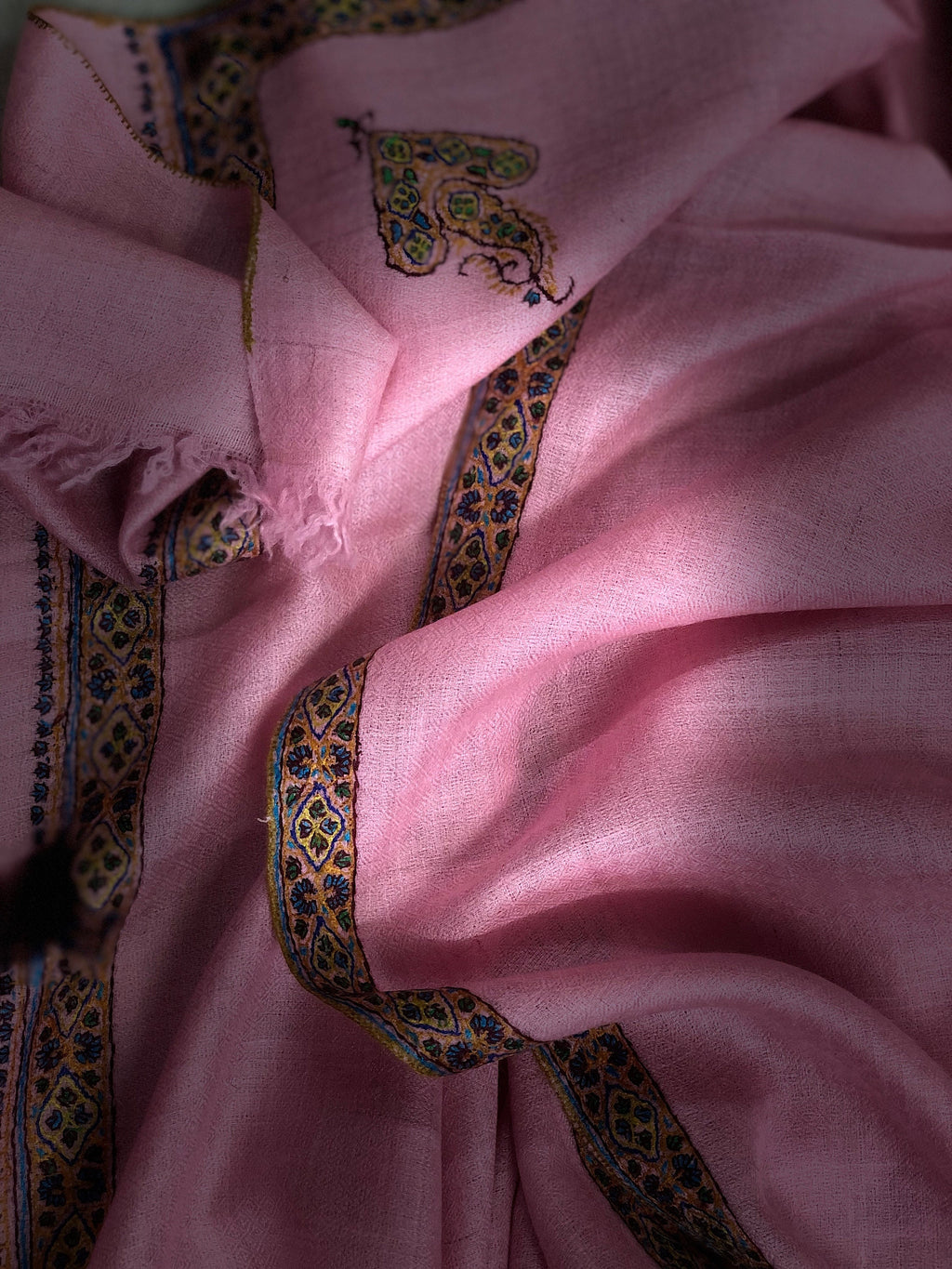 Gift for her Candy pink Pashmina Cashmere Embroidered Border Ladakhi Handmade Real Cashmere Pashmina Stole Scarf Shawl - Mehraj Crafts 
