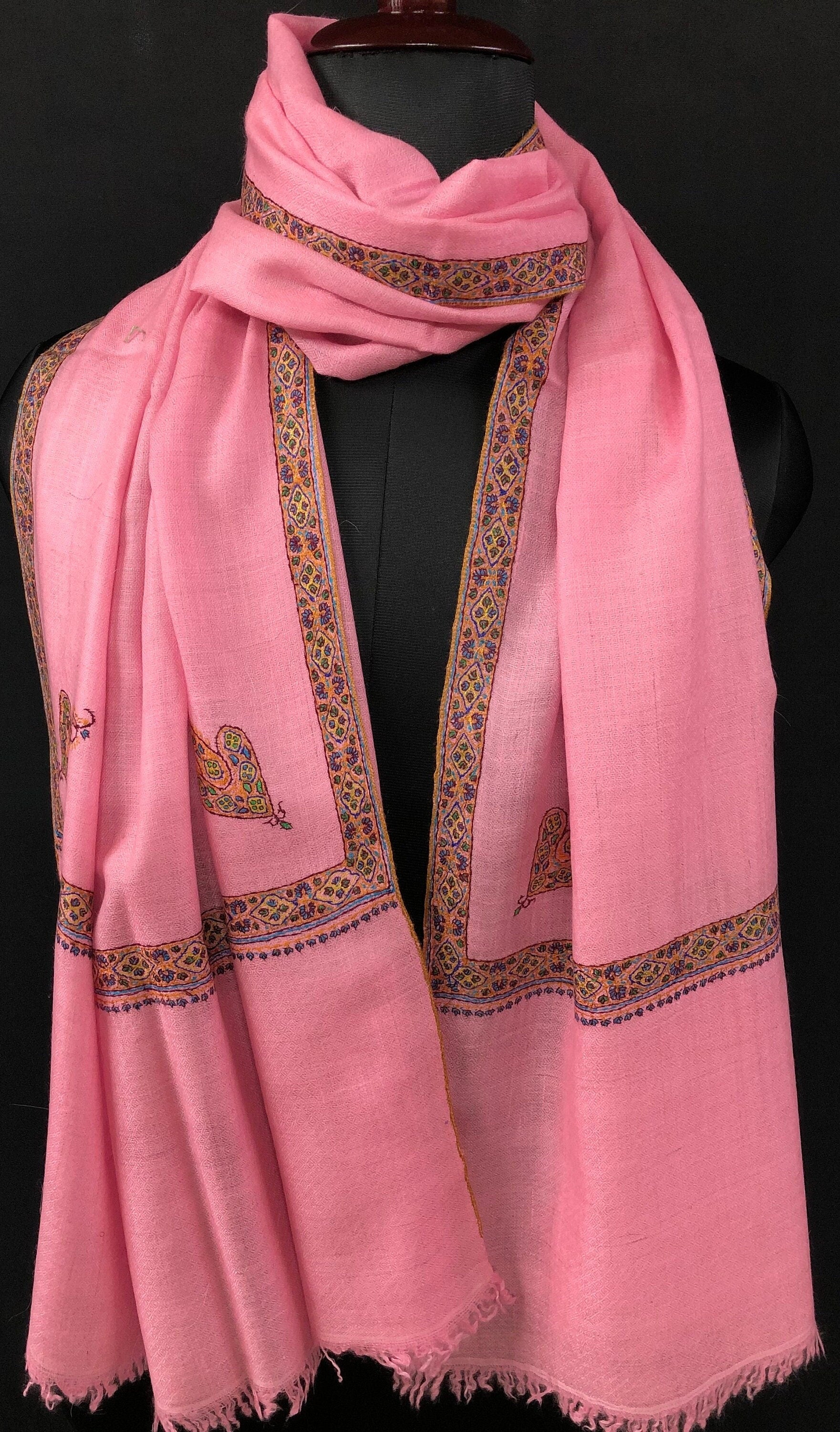 Gift for her Candy pink Pashmina Cashmere Embroidered Border Ladakhi Handmade Real Cashmere Pashmina Stole Scarf Shawl - Mehraj Crafts 