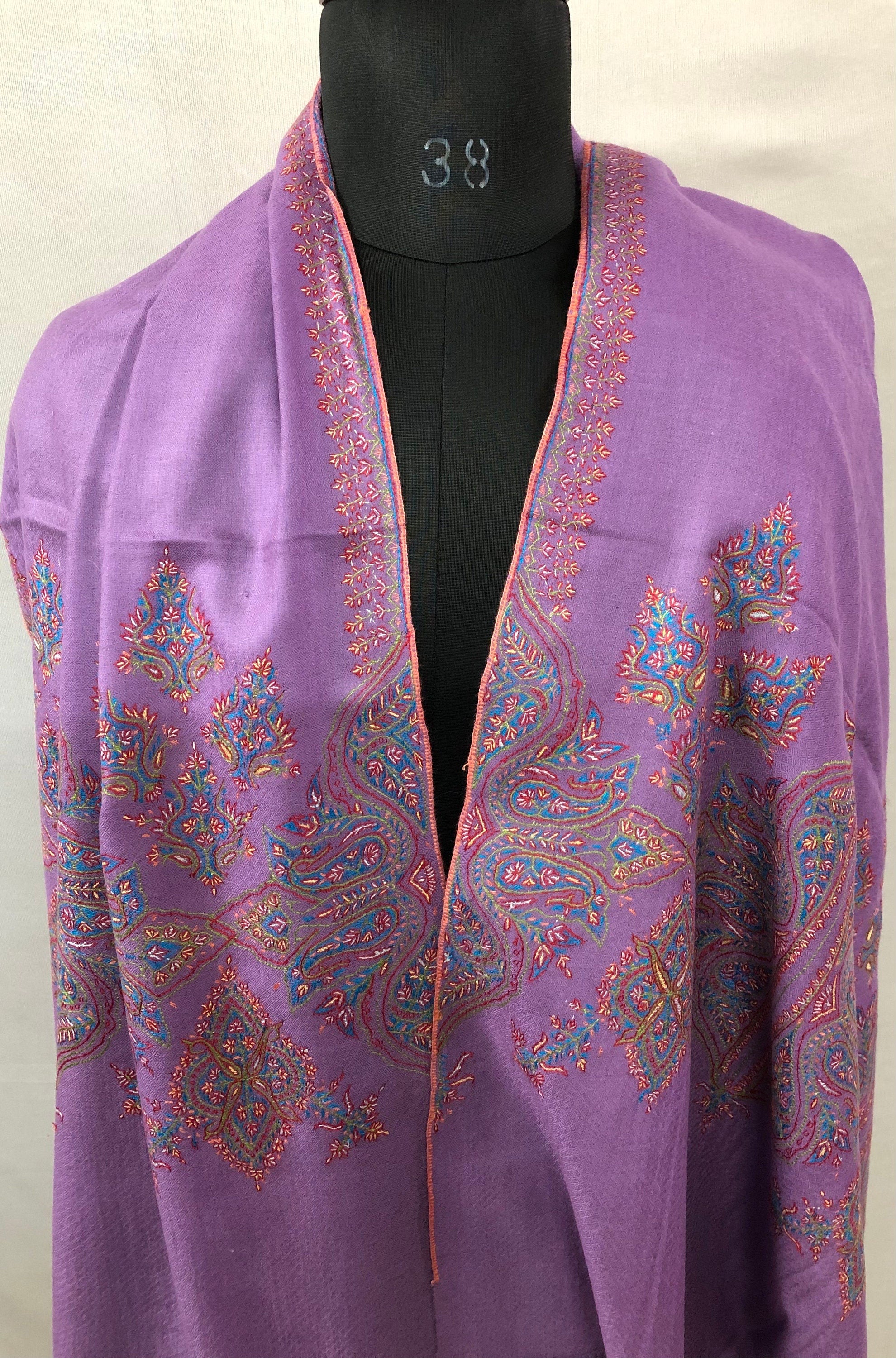 Handmade Violet Cashmere Pashmina Stole: Embroidered Kashmiri Palla