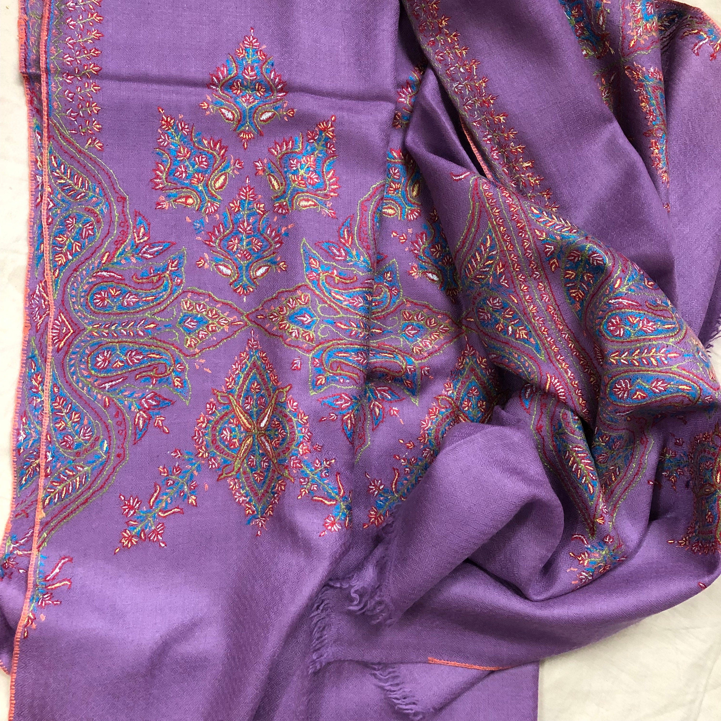 Chinese violet gorgeous Handmade Real Cashmere Pashmina embroidered palla Stole - Mehraj Crafts 
