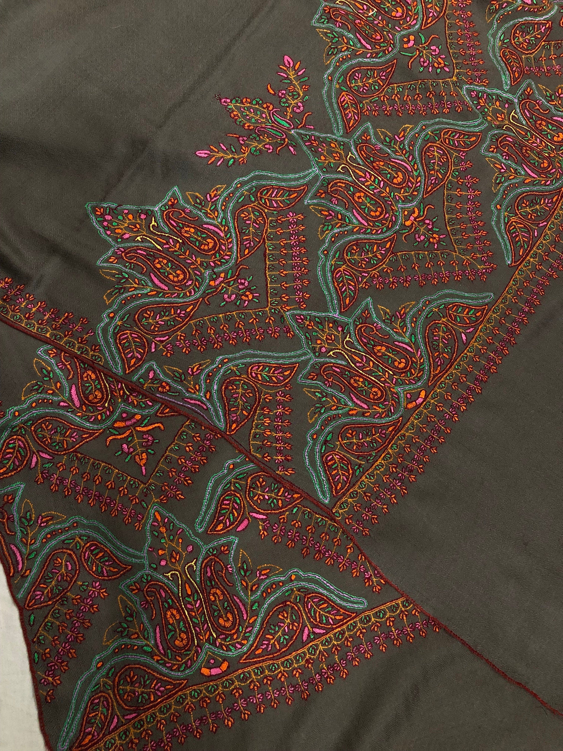 Driftwood grey elegant superfine Handmade Real Cashmere Pashmina embroidered palla Stole - Mehraj Crafts 