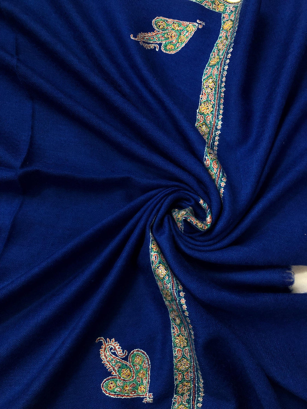 Lapis Blue scarf Handmade Real Cashmere Pashmina Border Embroidered Stole Scarf Shawl - Mehraj Crafts 