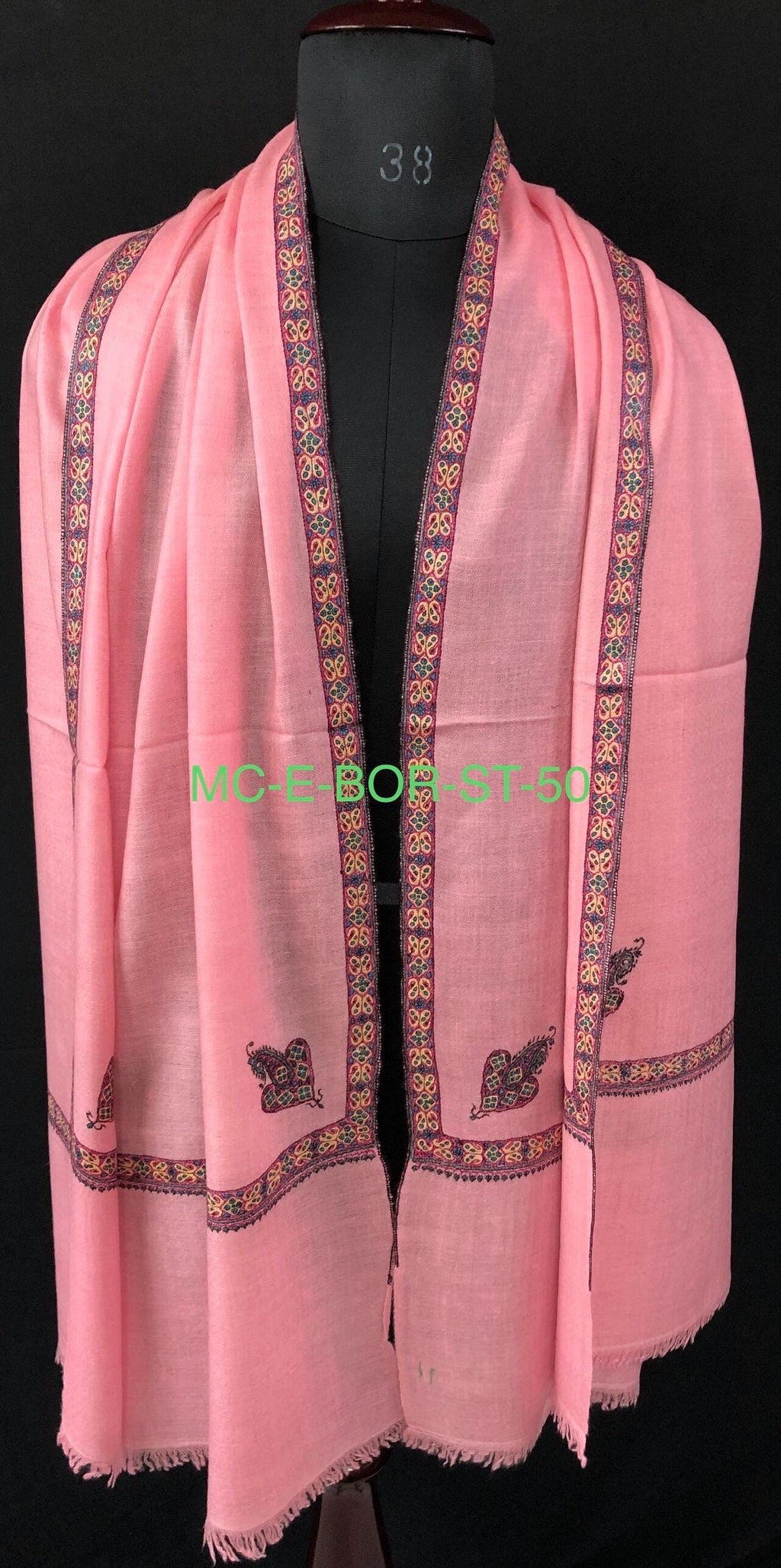 Almond blossom pink cashmere pashmina handmade Border Sozni Embroidered Stole Scarf - Mehraj Crafts 