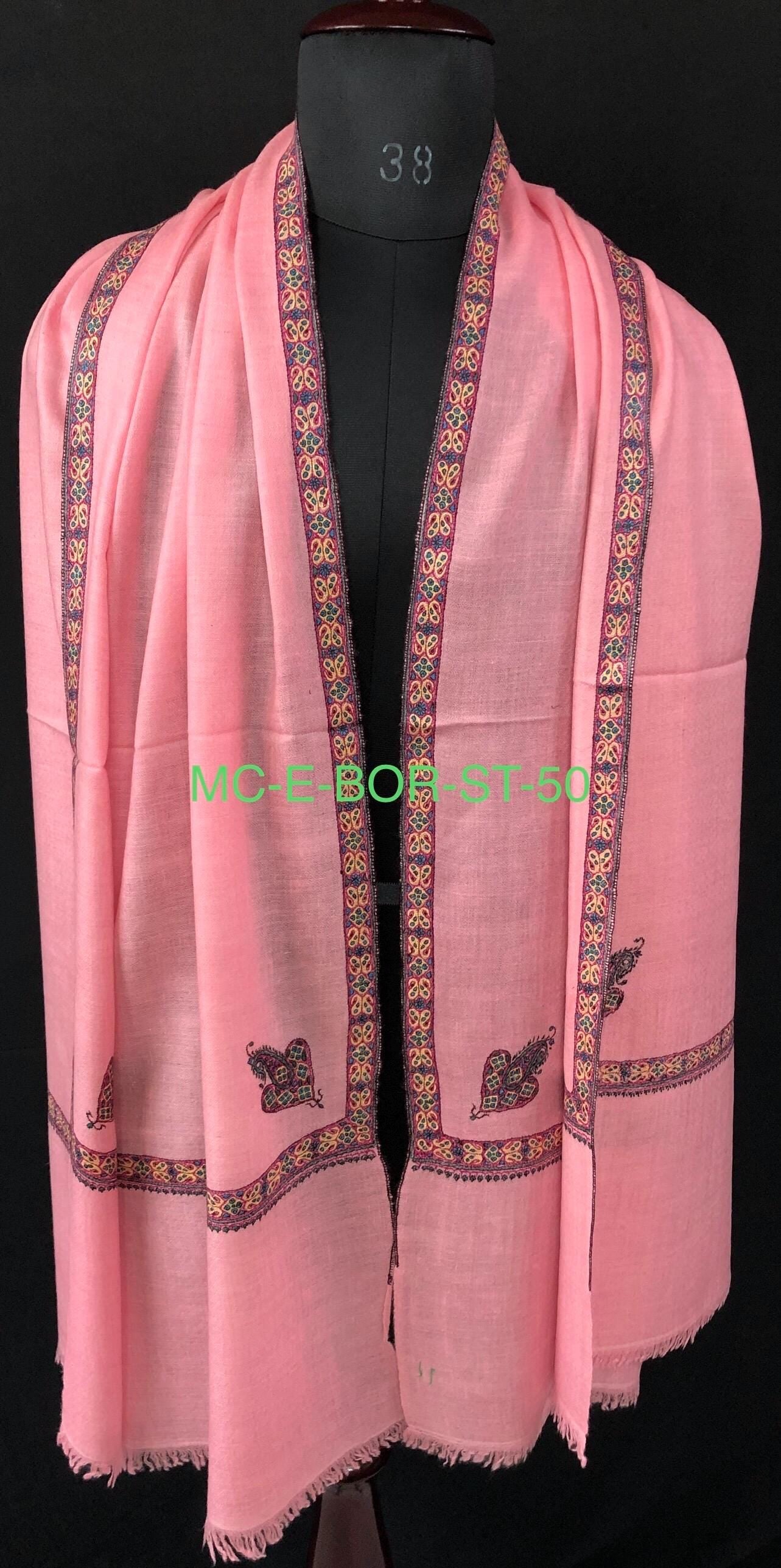 Almond blossom pink cashmere pashmina handmade Border Sozni Embroidered Stole Scarf - Mehraj Crafts 