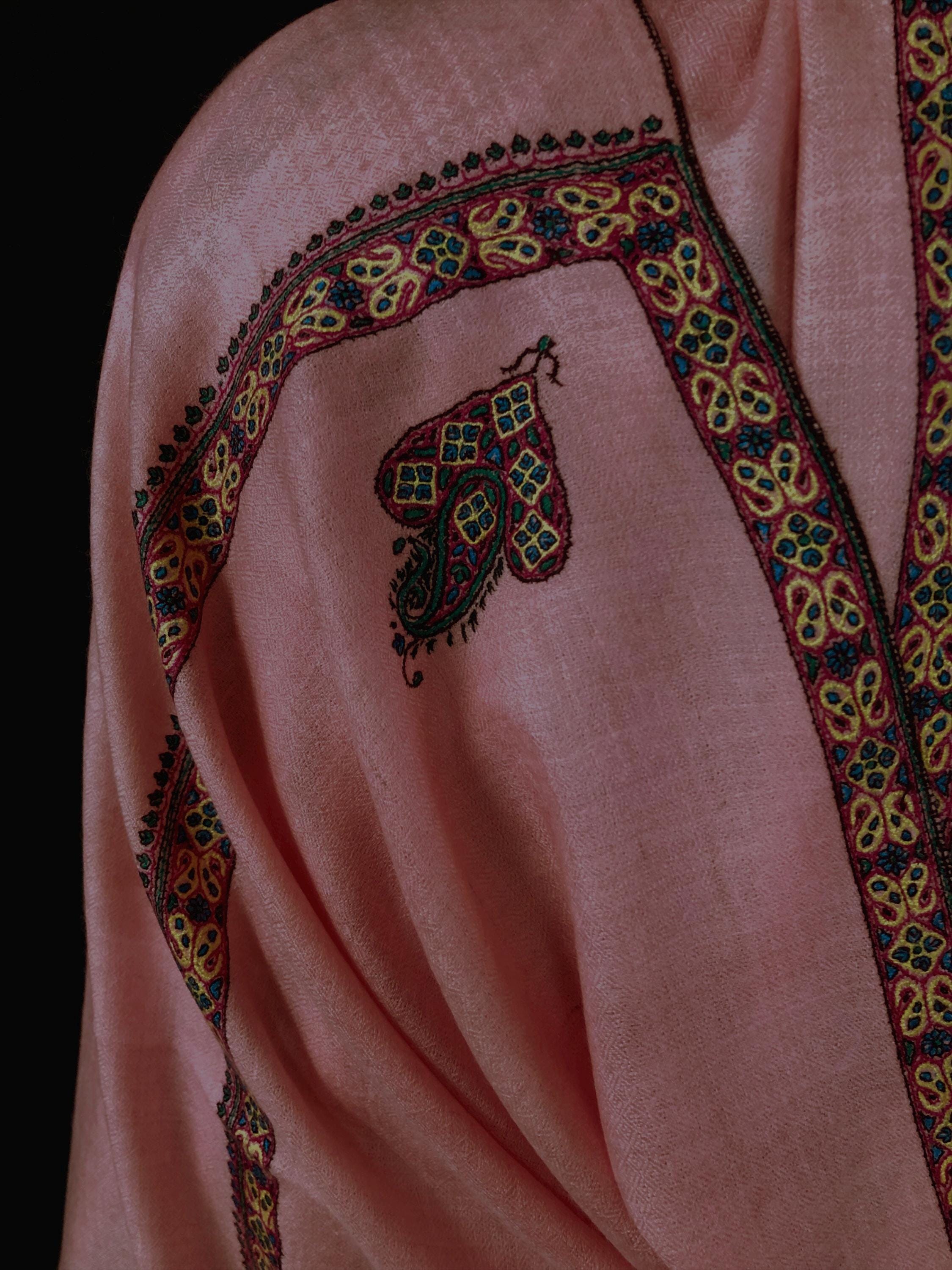 Almond blossom pink cashmere pashmina handmade Border Sozni Embroidered Stole Scarf - Mehraj Crafts 