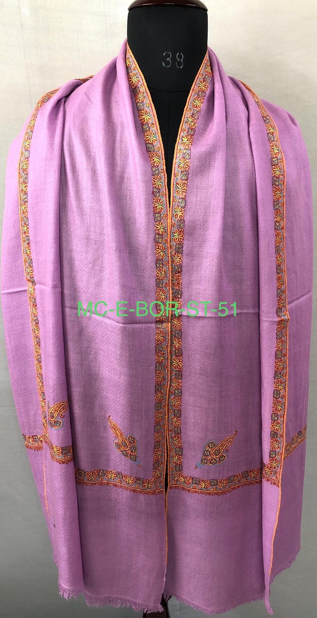 Handwoven Cashmere Pashmina Stole: Sozni Embroidered Border, Purple