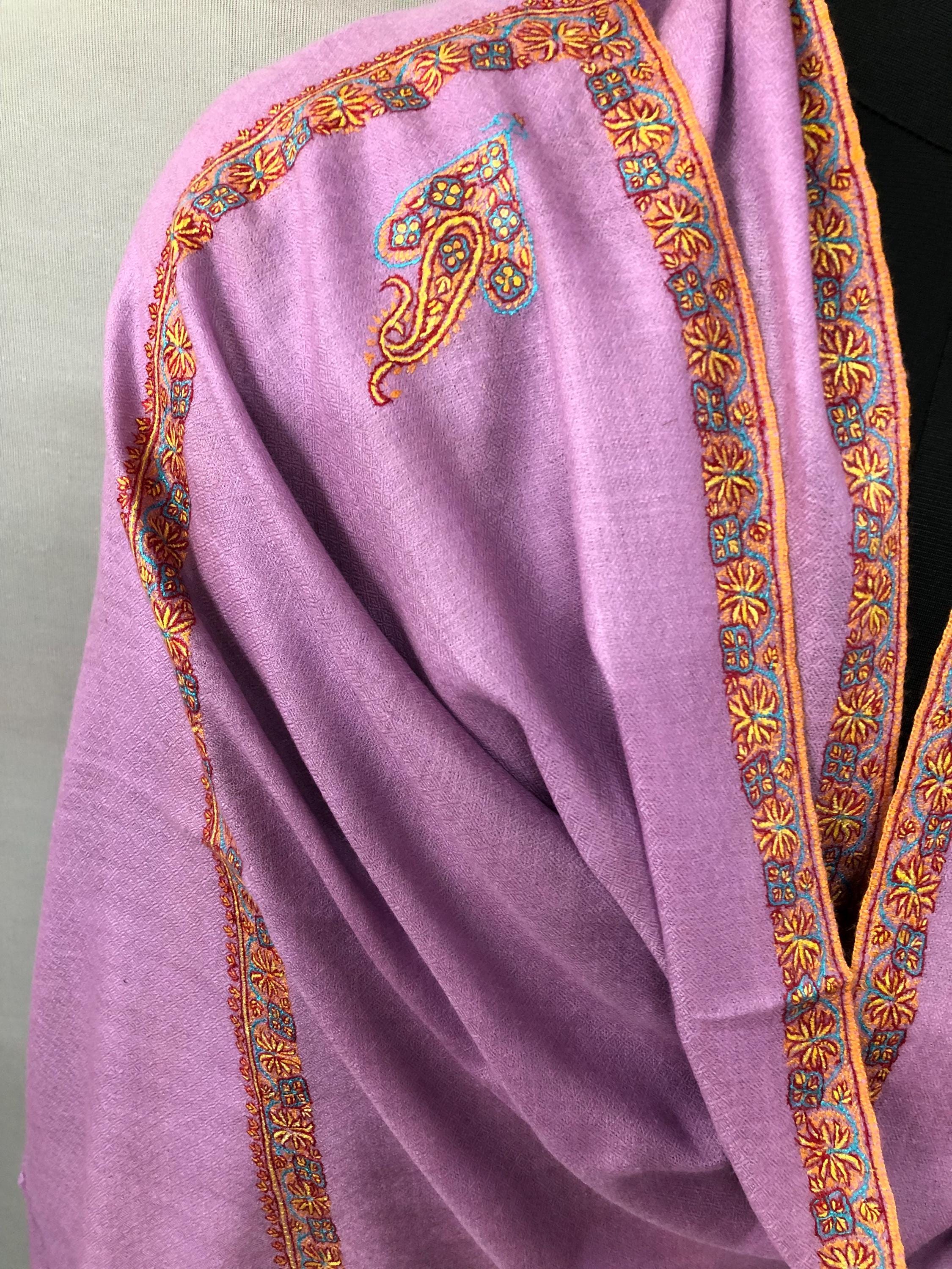 Crocus petal Micro Fine Sozni Hand Embroidered Border Handwoven Real Cashmere Pashmina Stole Scarf Shawl - Mehraj Crafts 