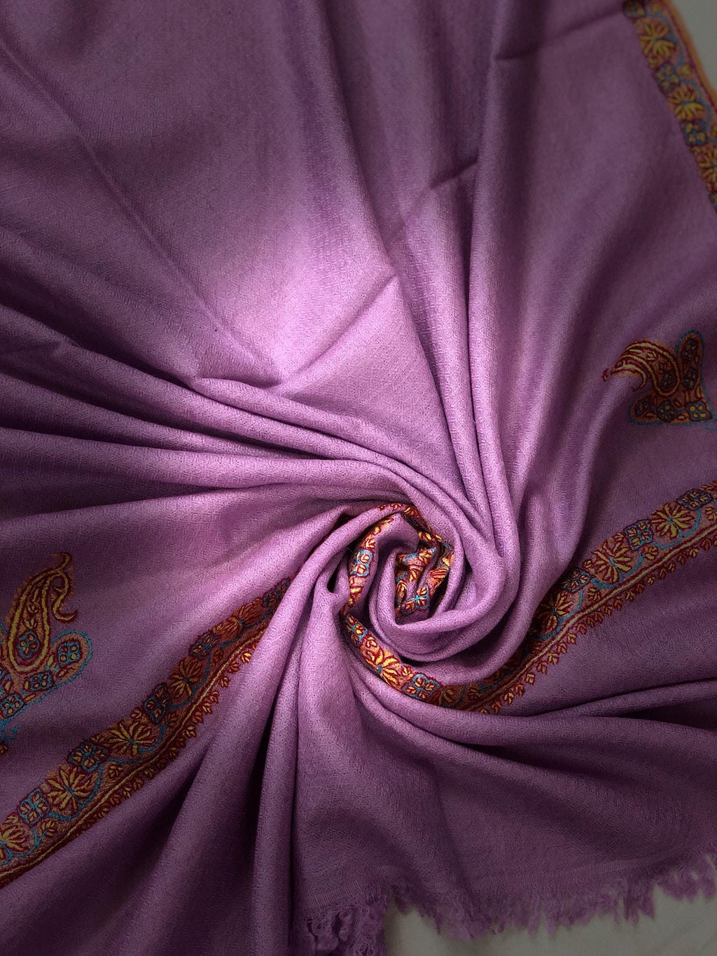 Crocus petal Micro Fine Sozni Hand Embroidered Border Handwoven Real Cashmere Pashmina Stole Scarf Shawl - Mehraj Crafts 